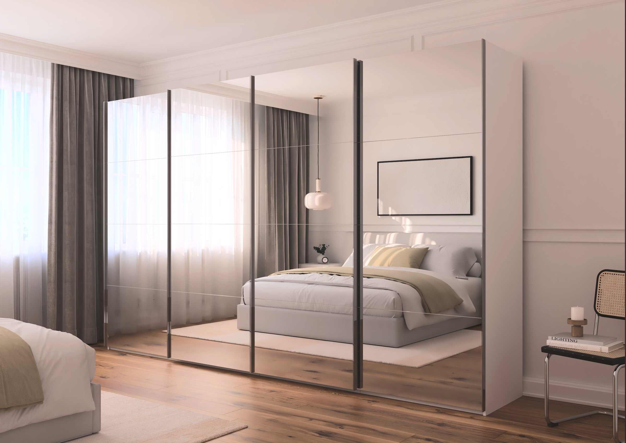 rauch Schwebetürenschrank »Kleiderschrank Schrank Garderobe Schlafzimmerschrank SCALE-FYRA«, edle viergeteilte Türen, Spiegelfront und viele Farben MADE IN GERMANY