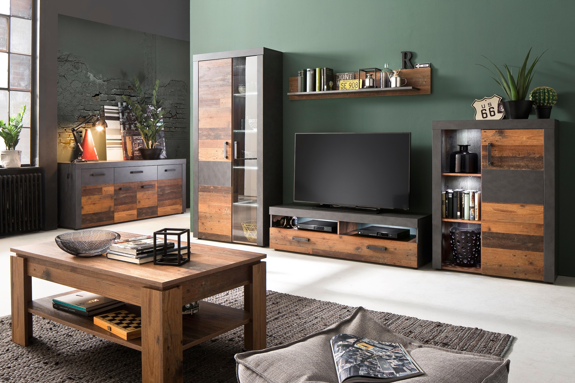 INOSIGN Wohnwand »Ilana«, (Set, 4 St.), moderne Wohnwand im Industrial Style - Beleuchtung optional