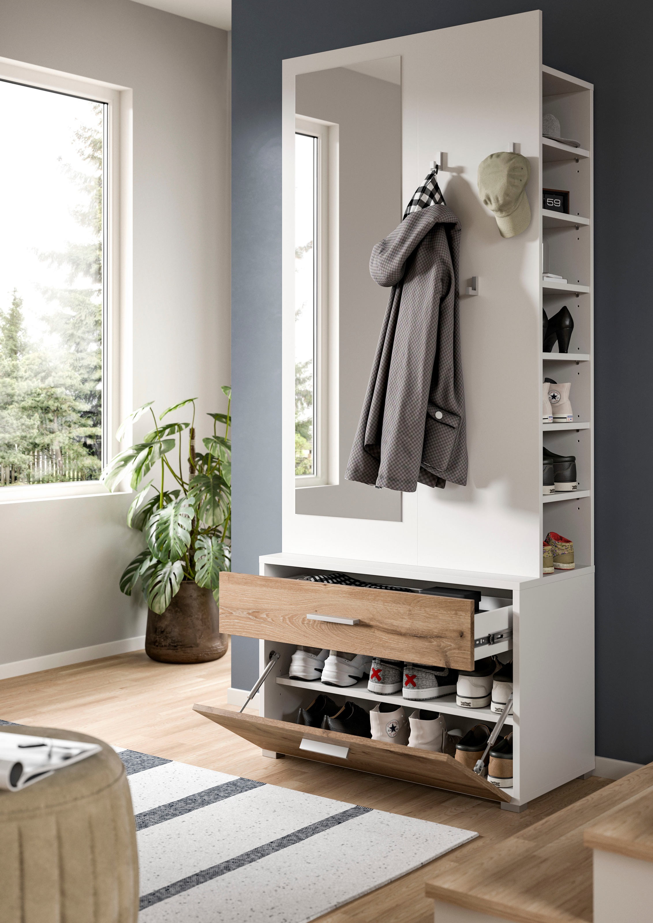 INOSIGN Kompaktgarderobe »Morrea, Höhe 190 cm, 1 Schubkästen, 6 Haken, 1 Kleiderstange, 7 Fächer«, (1 St.), schmale Garaderobe, Stauraum, Flur, Diele