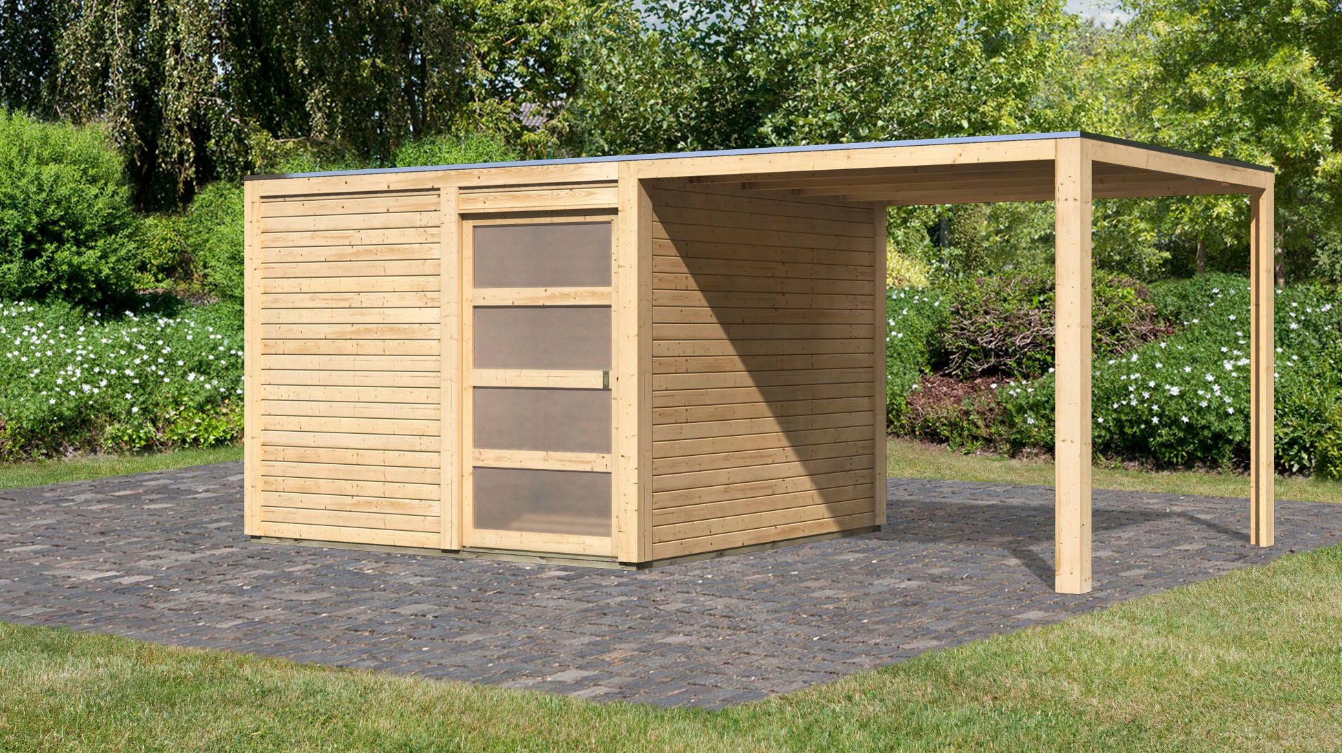Karibu Gartenhaus »Quellsee 2«, (Set), mit Anbaudach, naturbelassen oder terragrau
