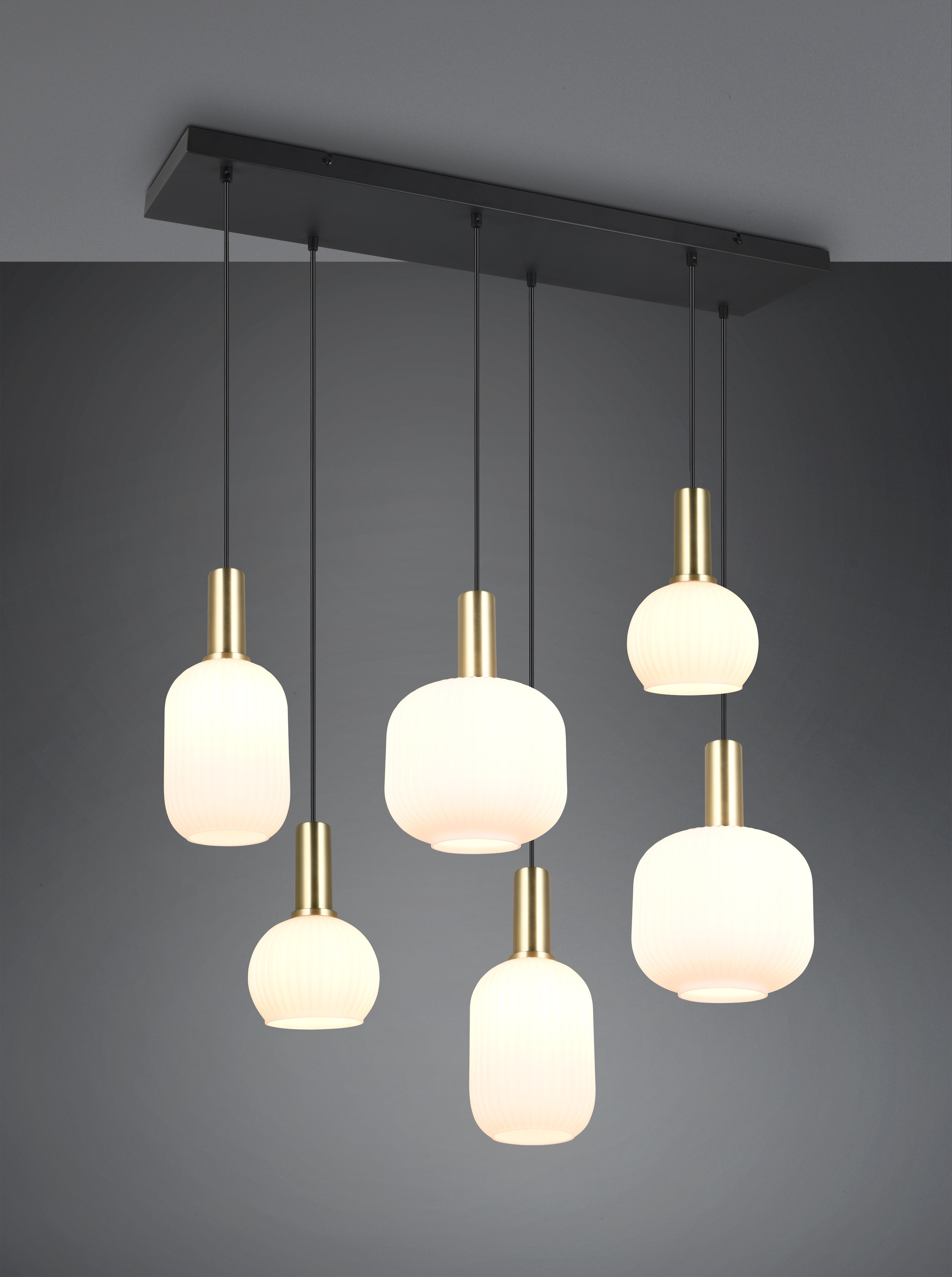 TRIO Leuchten Pendelleuchte »DIVA, E27 Hängelampe 6-flammig mit Glasschirm, exkl 6xE27 max 10W«, 6 flammig, Leuchtmittel E27 | Leuchtmittel wechselbar, höhenverstellbar bis max 150cm Hängeleuchte 92x 35 cm Wohnzimmer Küche