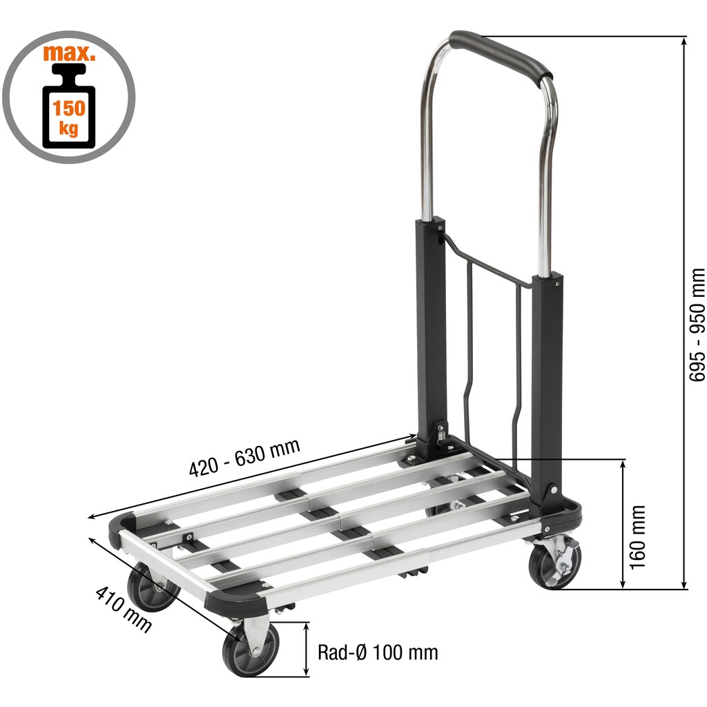 meister Transportwagen »Klappwagen Alu / 8985590«, bis 150 kg Tragkraft, Feststellbremse, höhenverstellbarer Griff