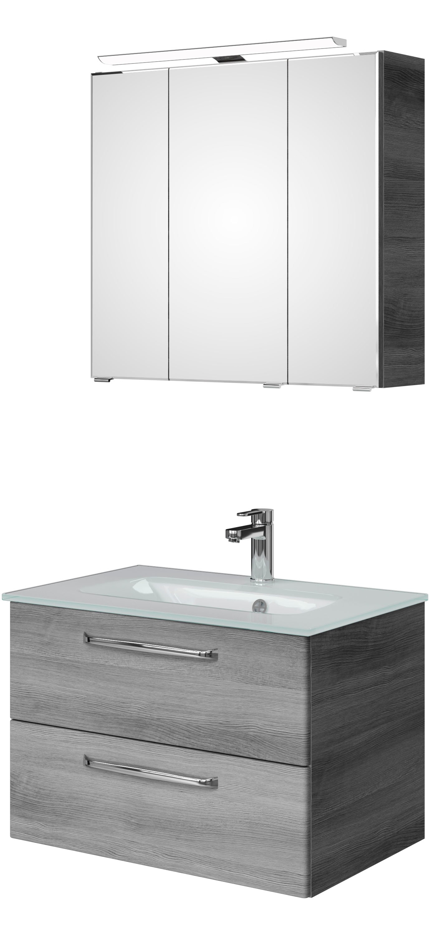 Saphir Badmöbel-Set »Trentino 2-teilig Glas-Waschtisch, Spiegelschrank mit LED-Leuchte«, (3 St.), Badmöbel-Set 77cm breit, inkl. Türdämpfer, 3 Türen, 2 Auszügen