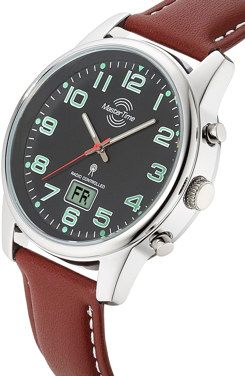 MASTER TIME Funkuhr »Super Power«, Armbanduhr, Quarzuhr, Herrenuhr, Datum, Leuchtzeiger, Lederarmband