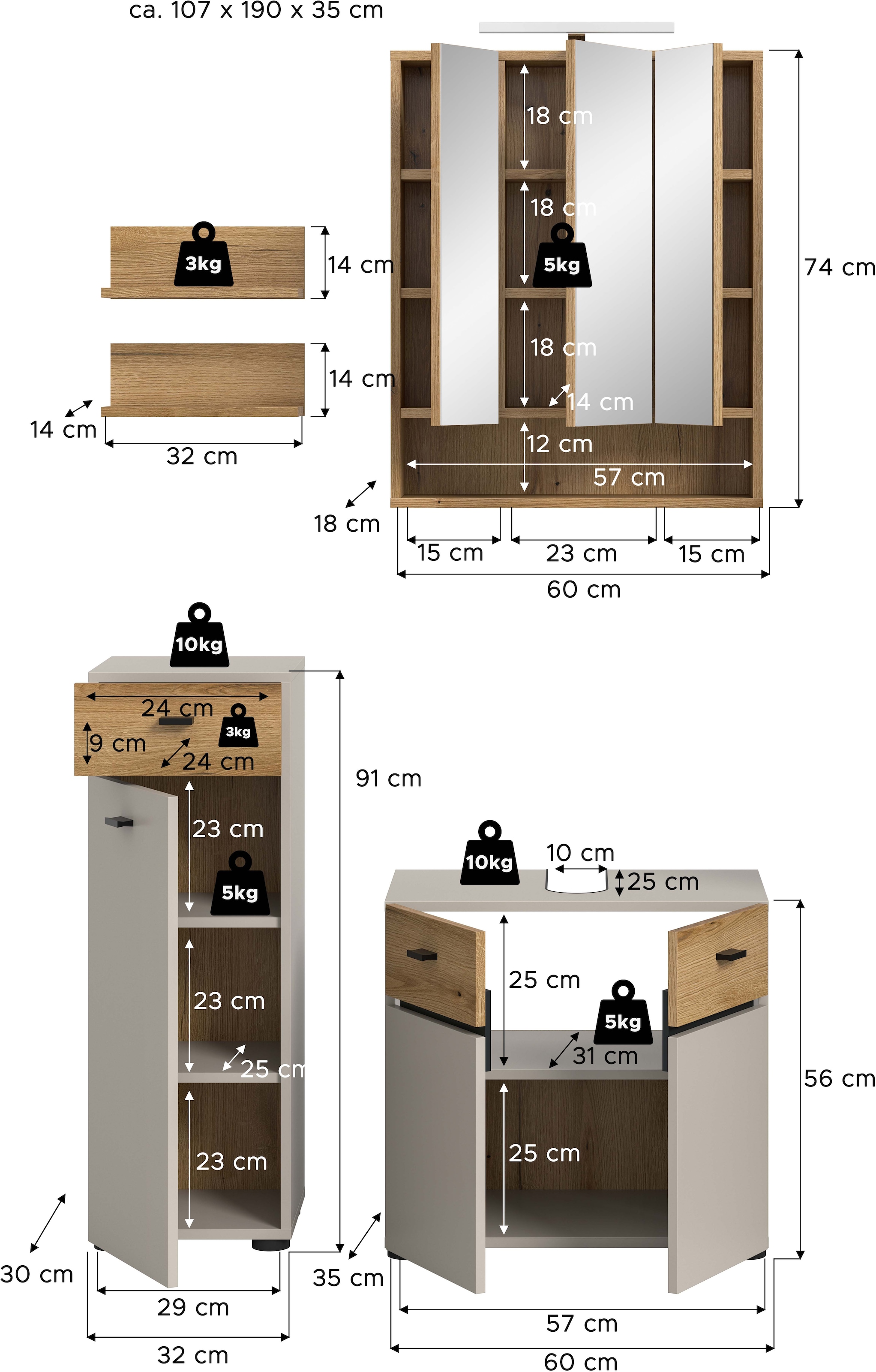 welltime Badmöbel-Set »VANN, 5-teilige moderne Badkombination, inkl. Beleuchtung« Midischrank, 2er Set Wandregal, Waschbeckenunterschrank,Spiegelschrank, 5 Stk. tlg.