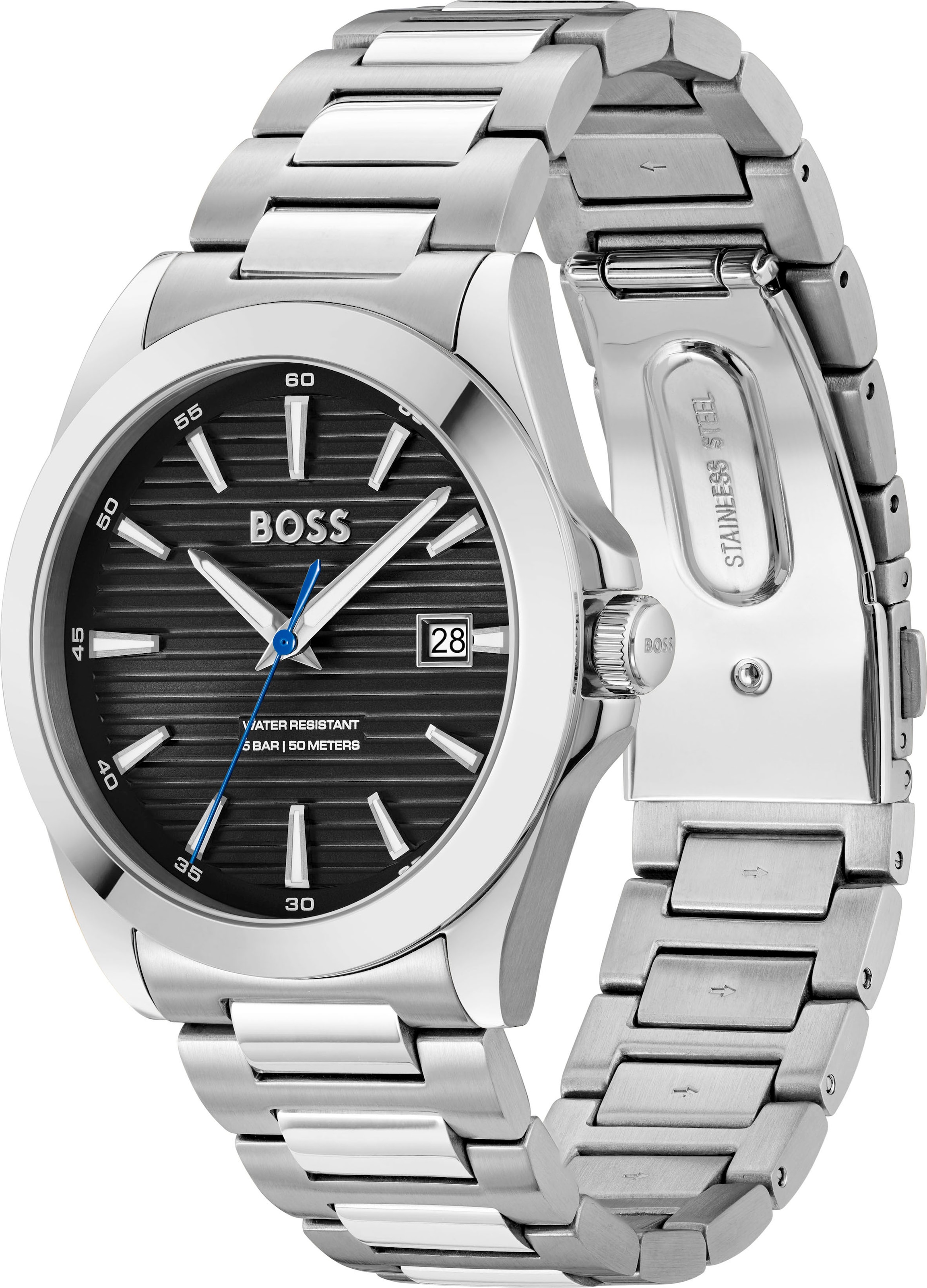 BOSS Quarzuhr »STRIKE«, Armbanduhr, Damenuhr, Herrenuhr, Edelstahlarmband, analog, Tag