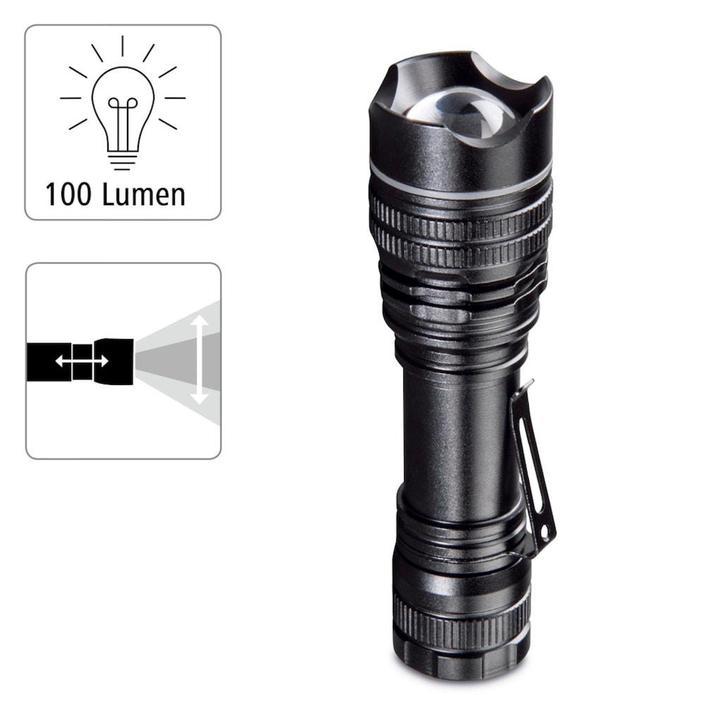 Hama LED Taschenlampe »LED Taschenlampe Outdoor mit Clip, 100 Lumen, 3 Lichtmodi, fokussierbar, Professional«