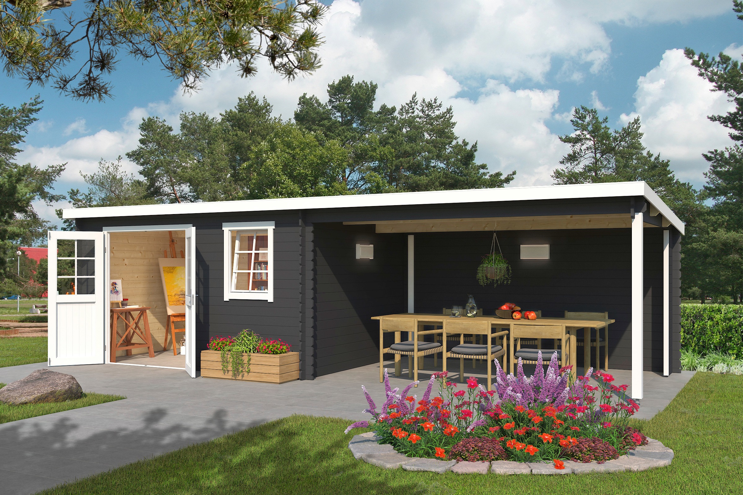 LASITA MAJA Gartenhaus »Reno, Carbongrau«, (Set), mit Anbau