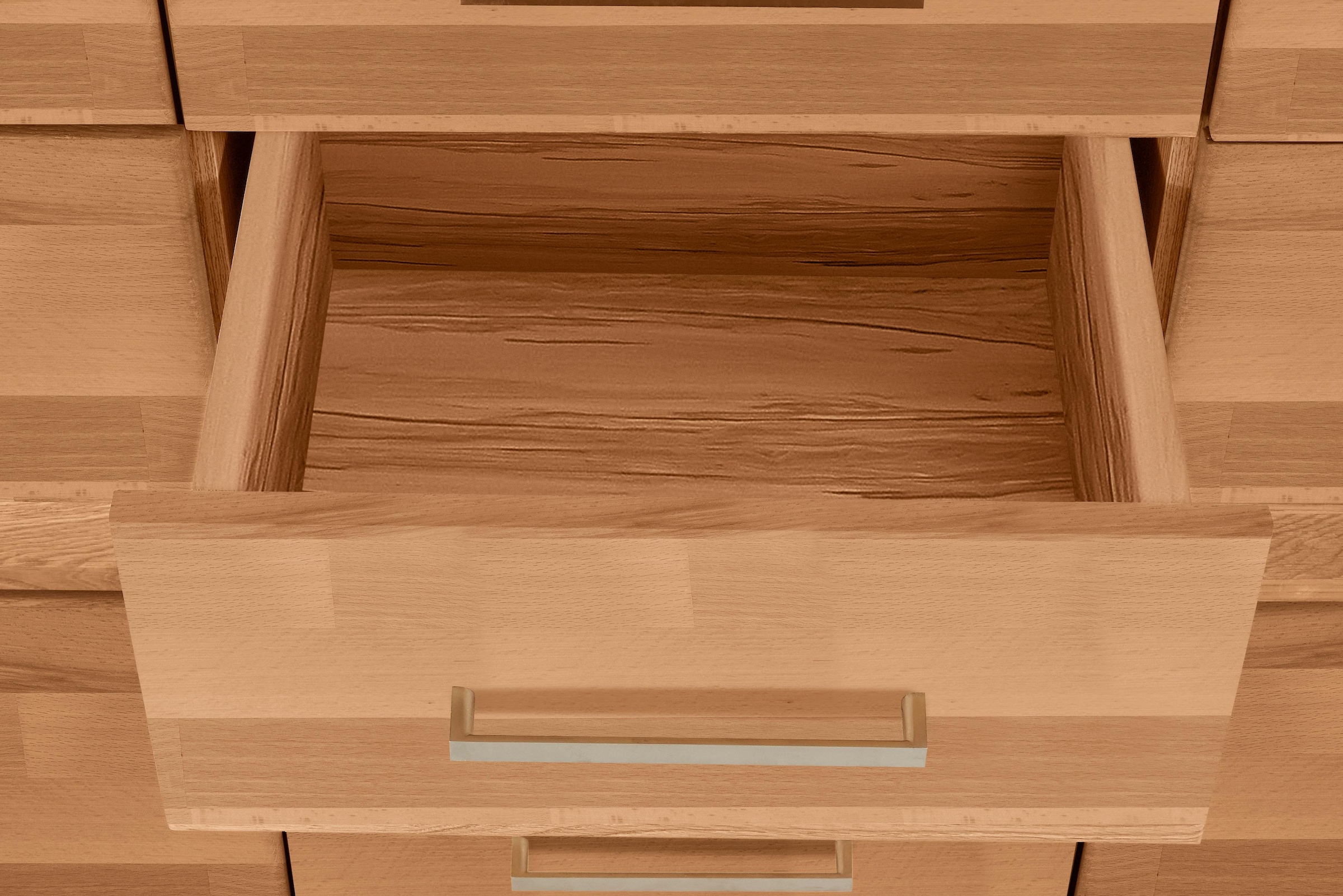 Home affaire Highboard »Ribe,125cm breit,115cm hoch, Fronten Massivholz,5Türen,3 Schubladen«, Holz massiv, Holzwerkstoff, Metall Griffe,10Fächer, Böden versetzbar