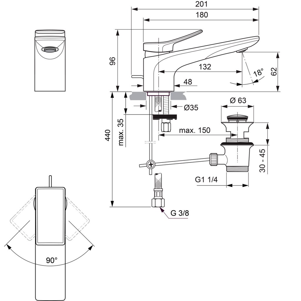 Ideal Standard Waschtischarmatur »Check«, (2 St.), mit Ablaufgarnitur, Magnetic Grey