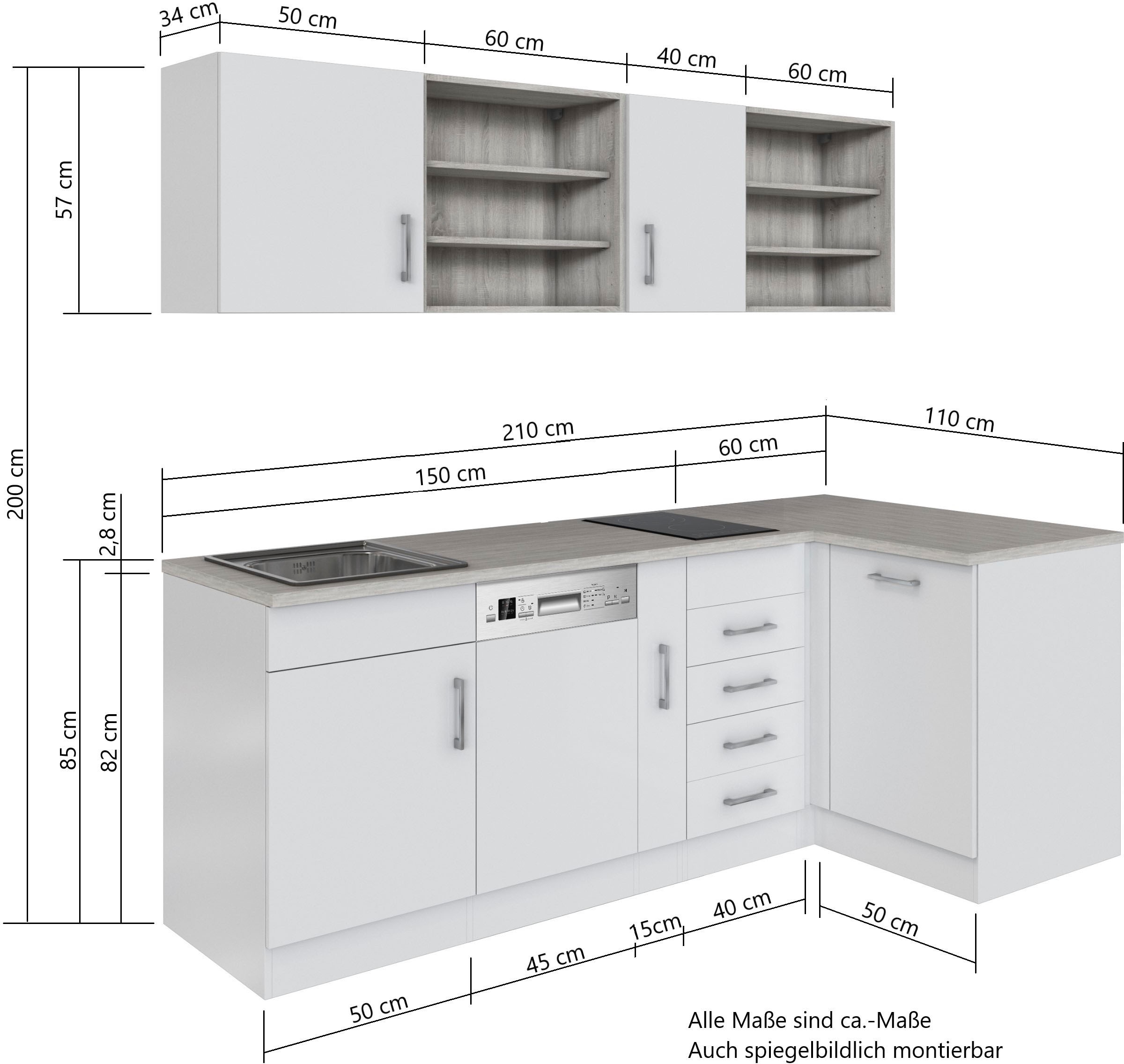 KOCHSTATION Küche »KS-Mali«, Stellbreite 210/110 cm, mit E-Geräten