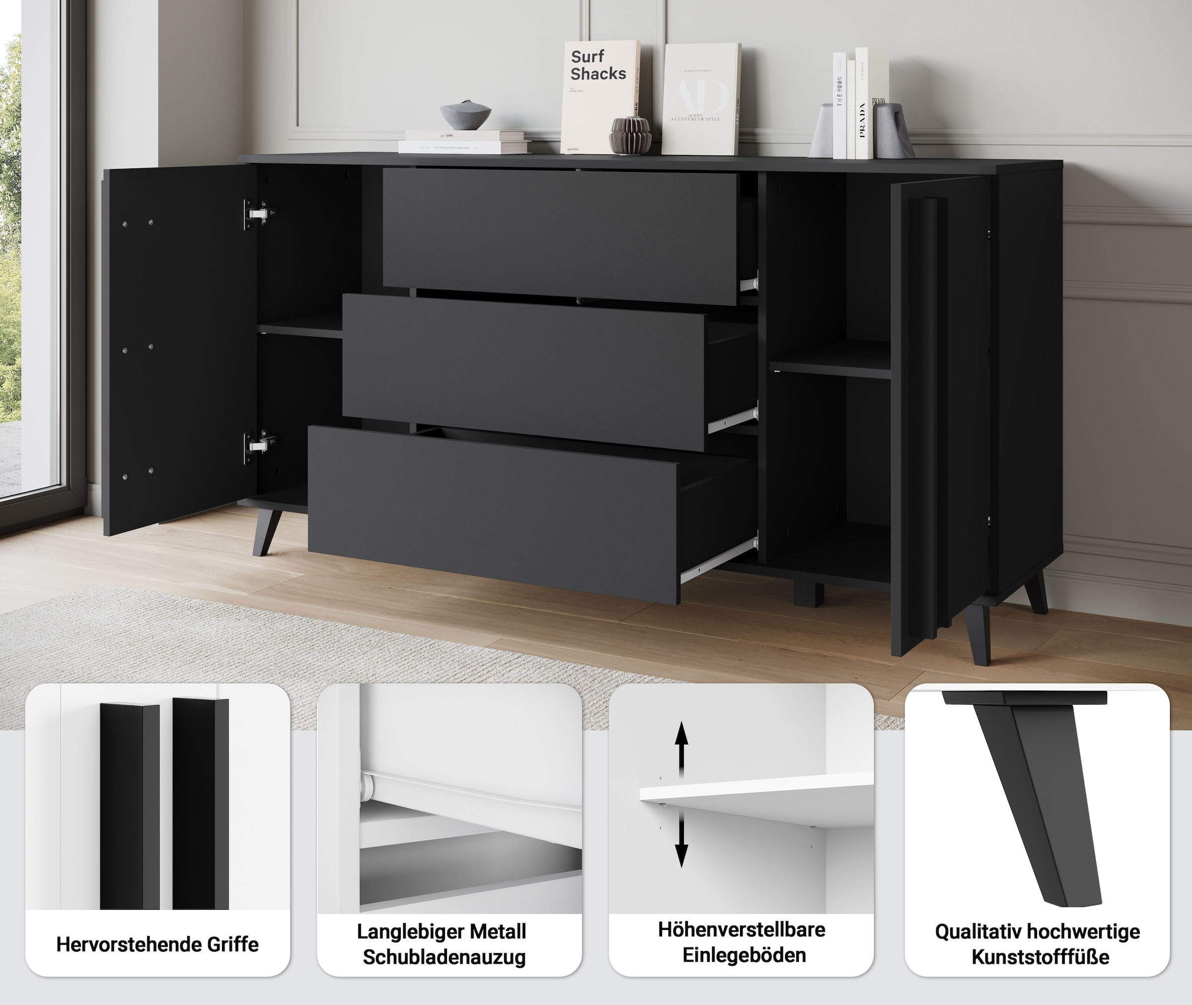Home affaire Sideboard »Helsinki, Kommode mit 2 Türen und 3 Schubladen, Breite 150 cm« 1 Stk. tlg. Push-to-Open-Schubladen, höhenverstellbare Einlegeböden