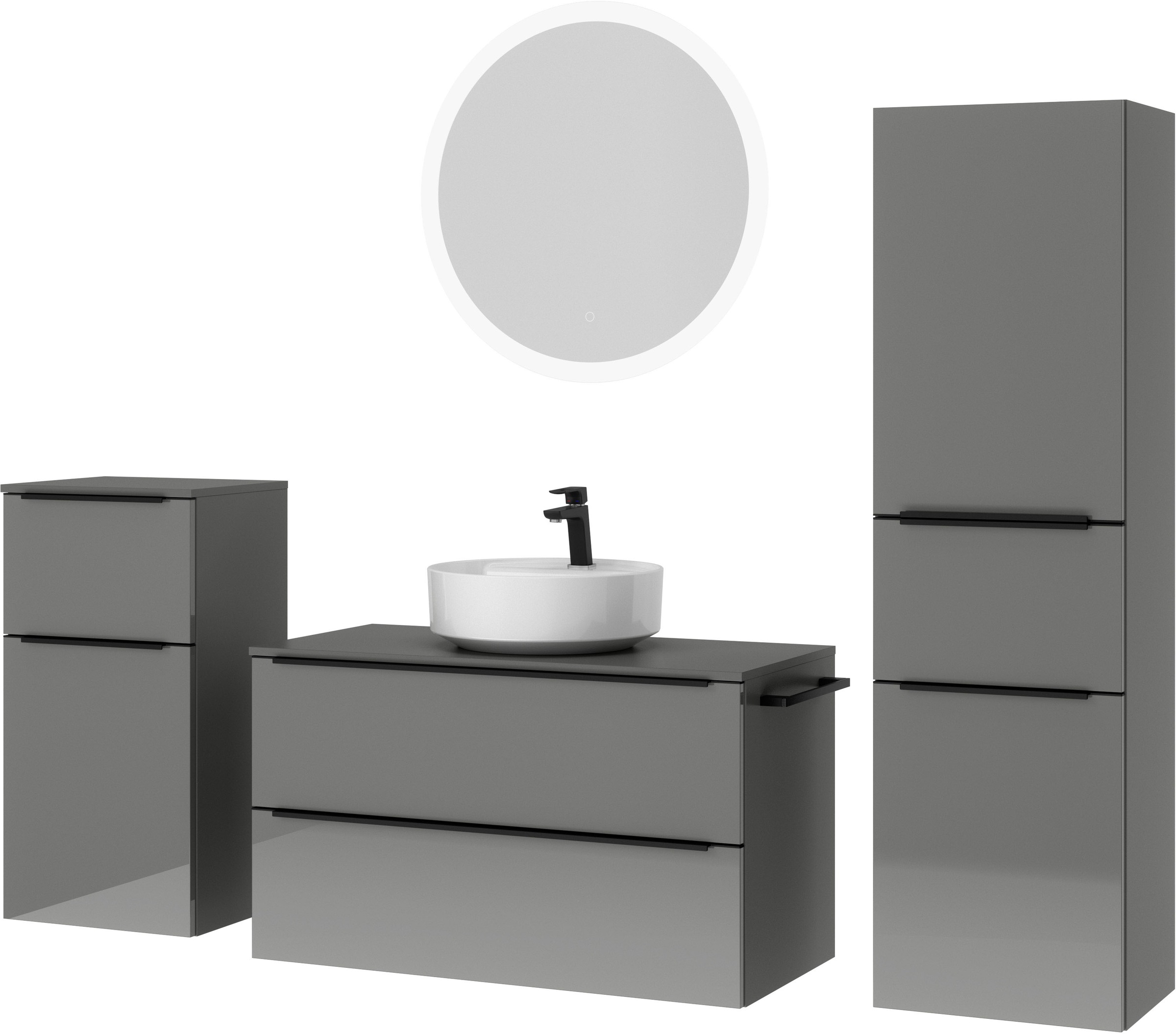 nobilia® Badmöbel-Set »Alvene«, (4 St., vormontiert, mit Soft-Close), Hochglanz, inkl. Spiegel mit Touch-Sensor, in vier Breiten