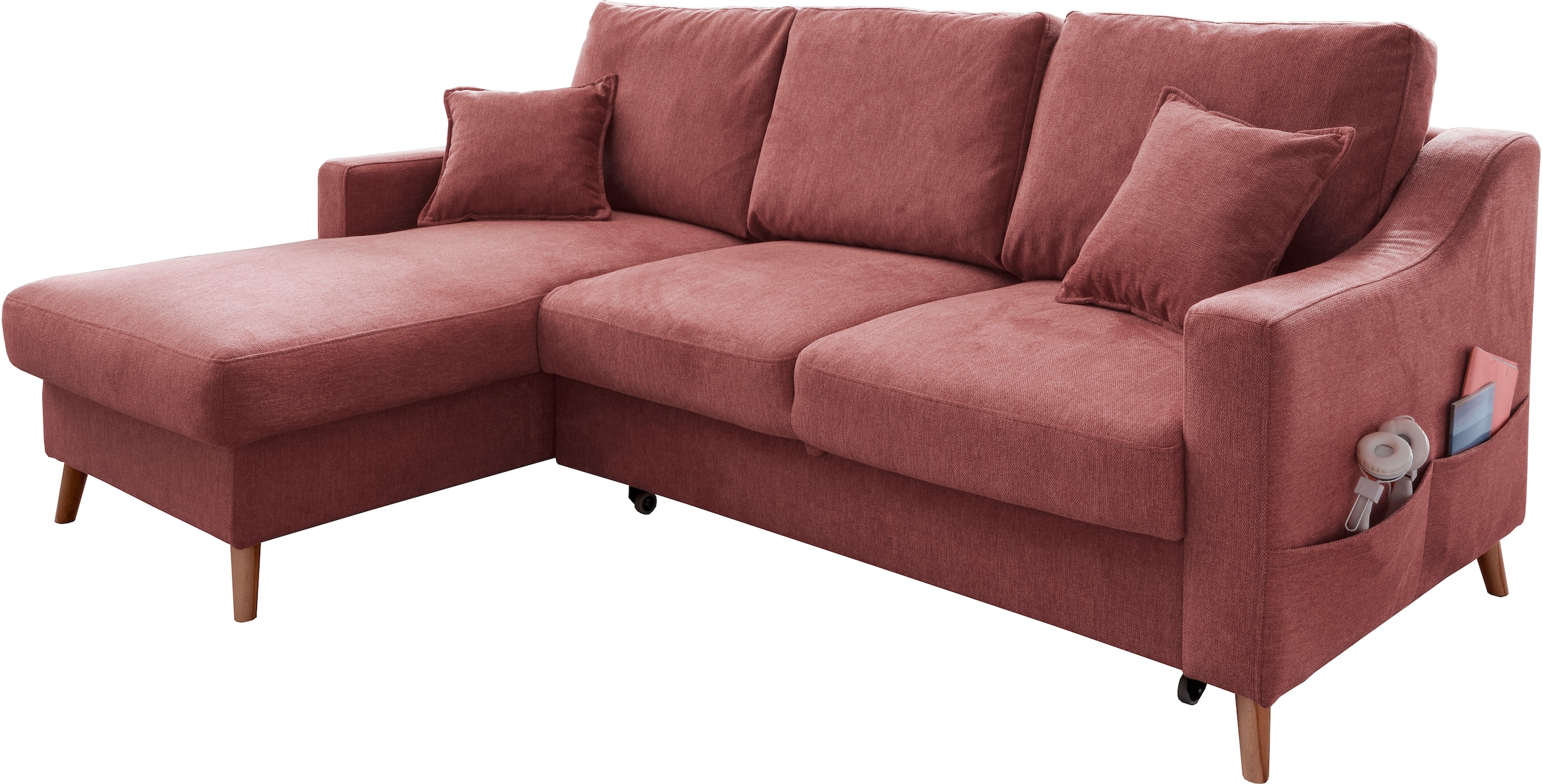 INOSIGN Ecksofa »Valentina L-Form«, 2 Zierkissen, mit Seitentasche, ausziehbarer Liegefläche, Bettkasten