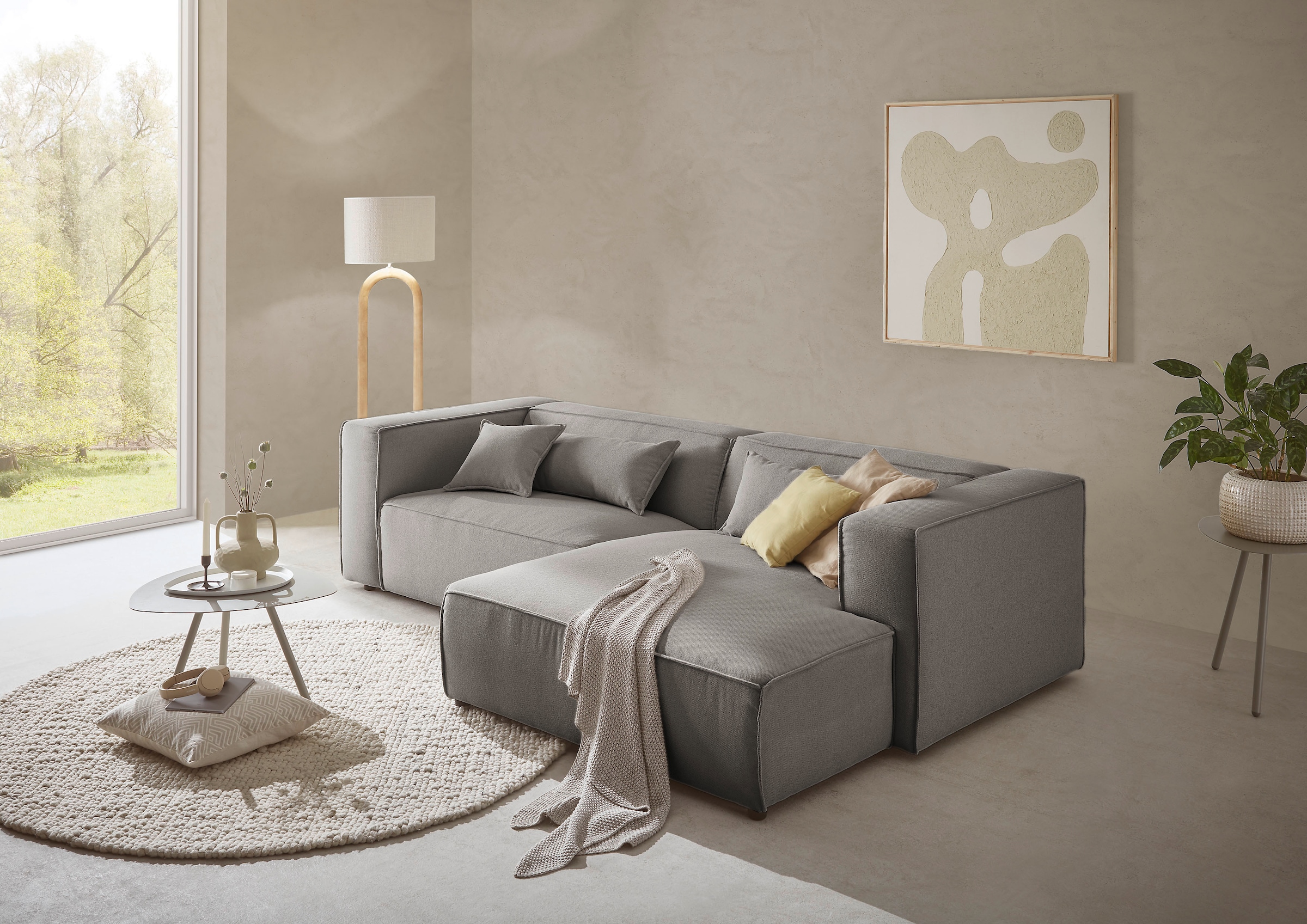 LeGer Home by Lena Gercke Ecksofa »PIARA mit Kedernaht, Cord, Leinenoptik o. Strukturstoff, Couch, L-Form«, wahlweise Ottomane rechts/links, schwarze Füße, bequemer Sitzkomfort
