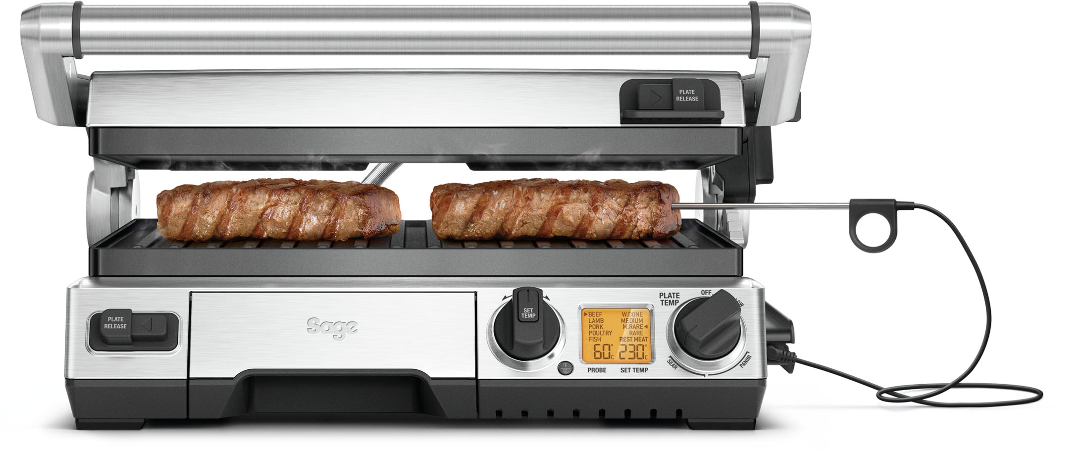 SAGE Kontaktgrill »the Smart Grill Pro, BGR840BSS« 2400 W antihaftbeschichtete und geneigte Grillfläche silberfarben 5 Voreinstellungen und...
