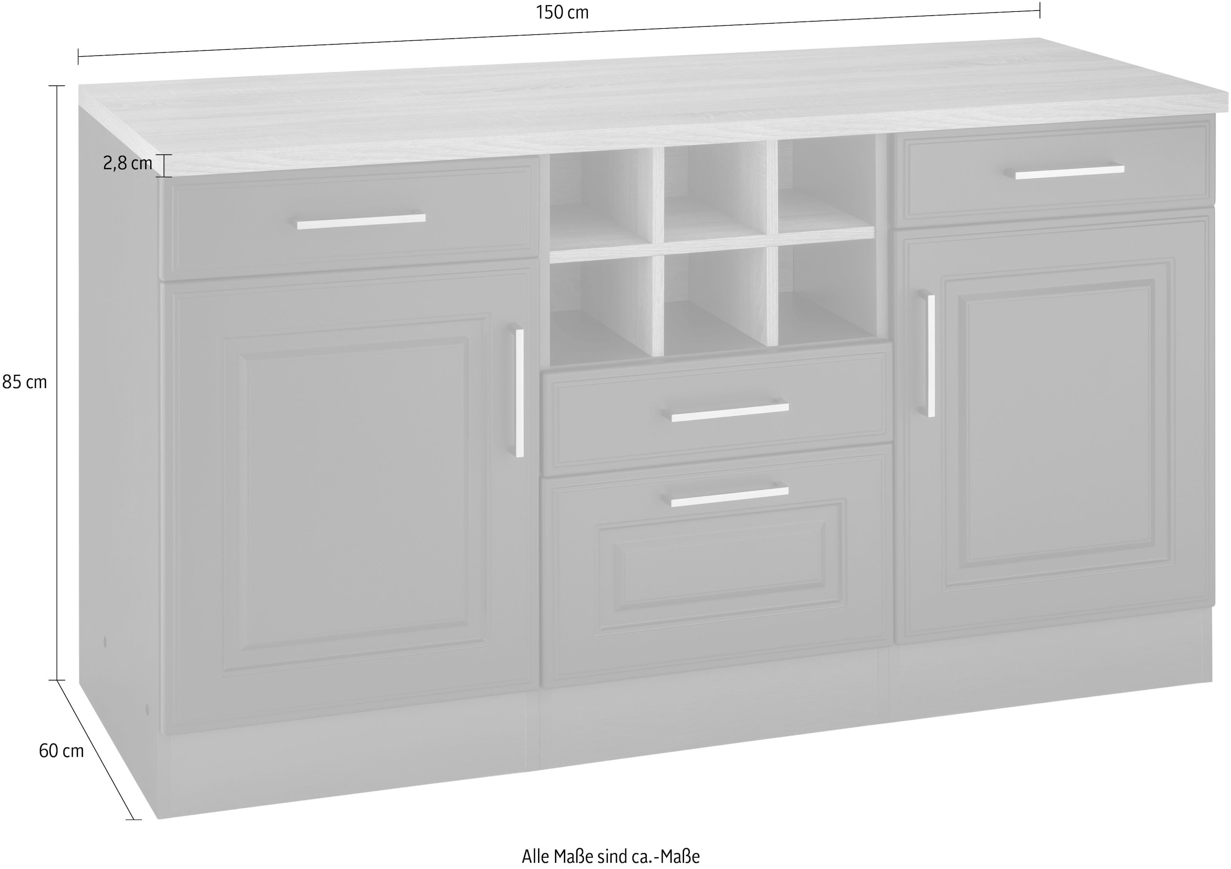 KOCHSTATION Unterschrank »KS-Stockholm«, 150 cm breit, hochwertige MDF-Fronten mit Fräsung, viel Stauraum