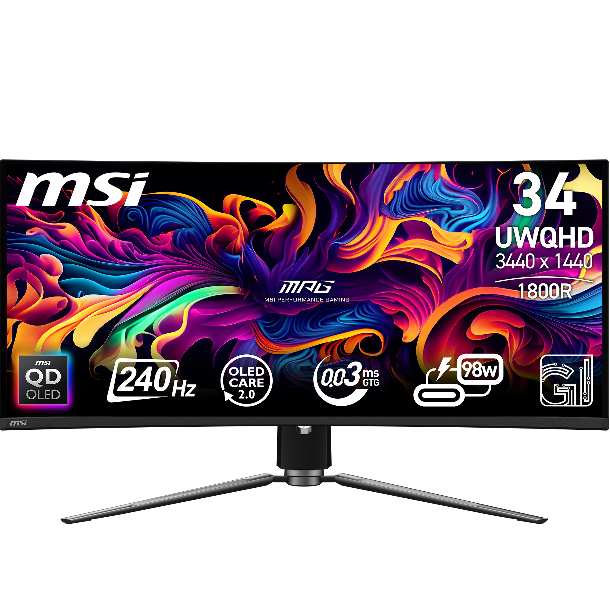 MSI Curved-Gaming-OLED-Monitor »MPG 341CQPX QD-OLED«, 86,8 cm/34 Zoll, 3440 x 1440 px, UWQHD, 0,03 ms Reaktionszeit, 240 Hz, 3 Jahre Herstellergarantie, höhenverstellbar, USB-C