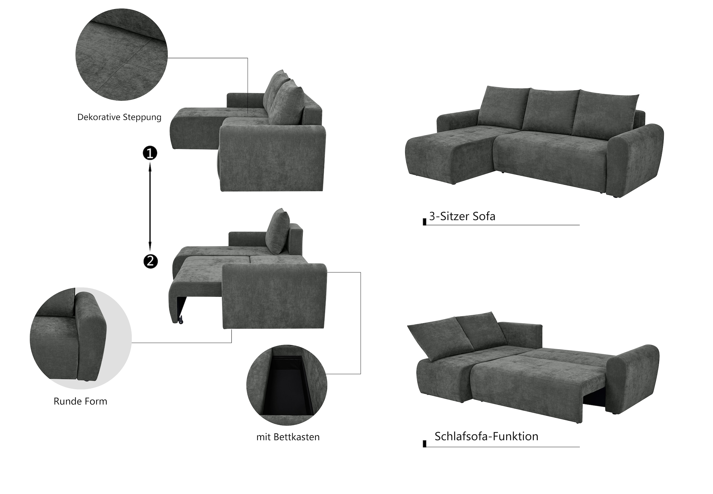 Home affaire Ecksofa »Nortrud-Chester, 241 cm, L-Form, mit Schlaffunktion u. Bettkasten« Recamiere rechts / links montierbar, Steppung, Feinstruktur-Bezug