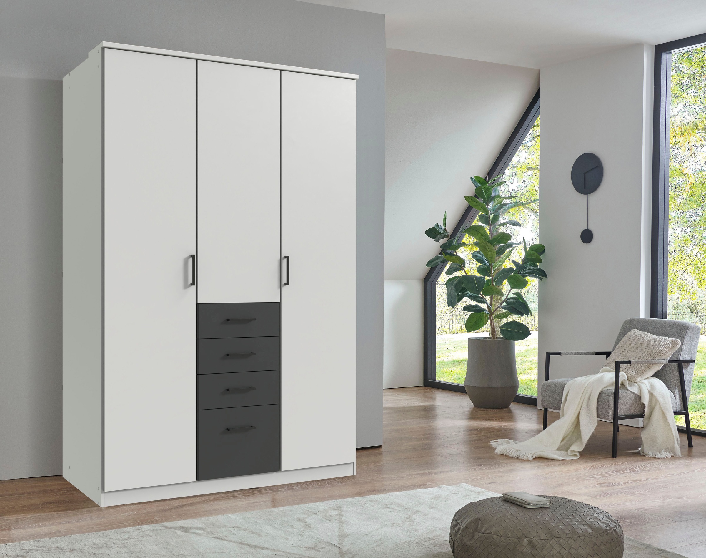 Wimex Kleiderschrank »Cottbus, in weiß oder grau modern kombiniert mit graphitfb.Schubladen«, (in 3 Größen, schwarze Griffe, Made in Germany), mit 4 Schubladen, wahlweise mit oder ohne Spiegel