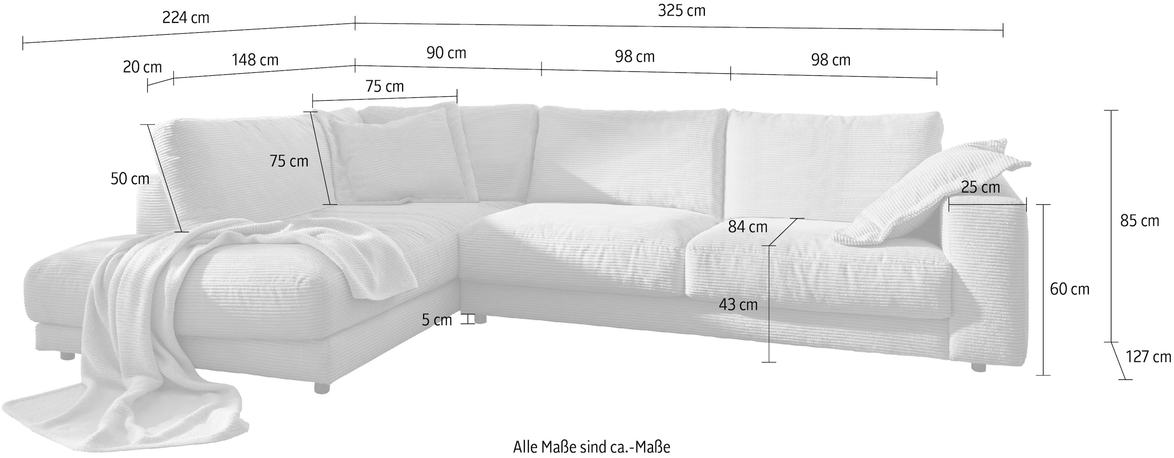 Places of Style Ecksofa »Enisa XXL B/T/H: 325/224/85 cm L-Form«, Kuschelig, gemütlich, in 5 Farben, Bezug in Cord, mit 2 Zierkissen