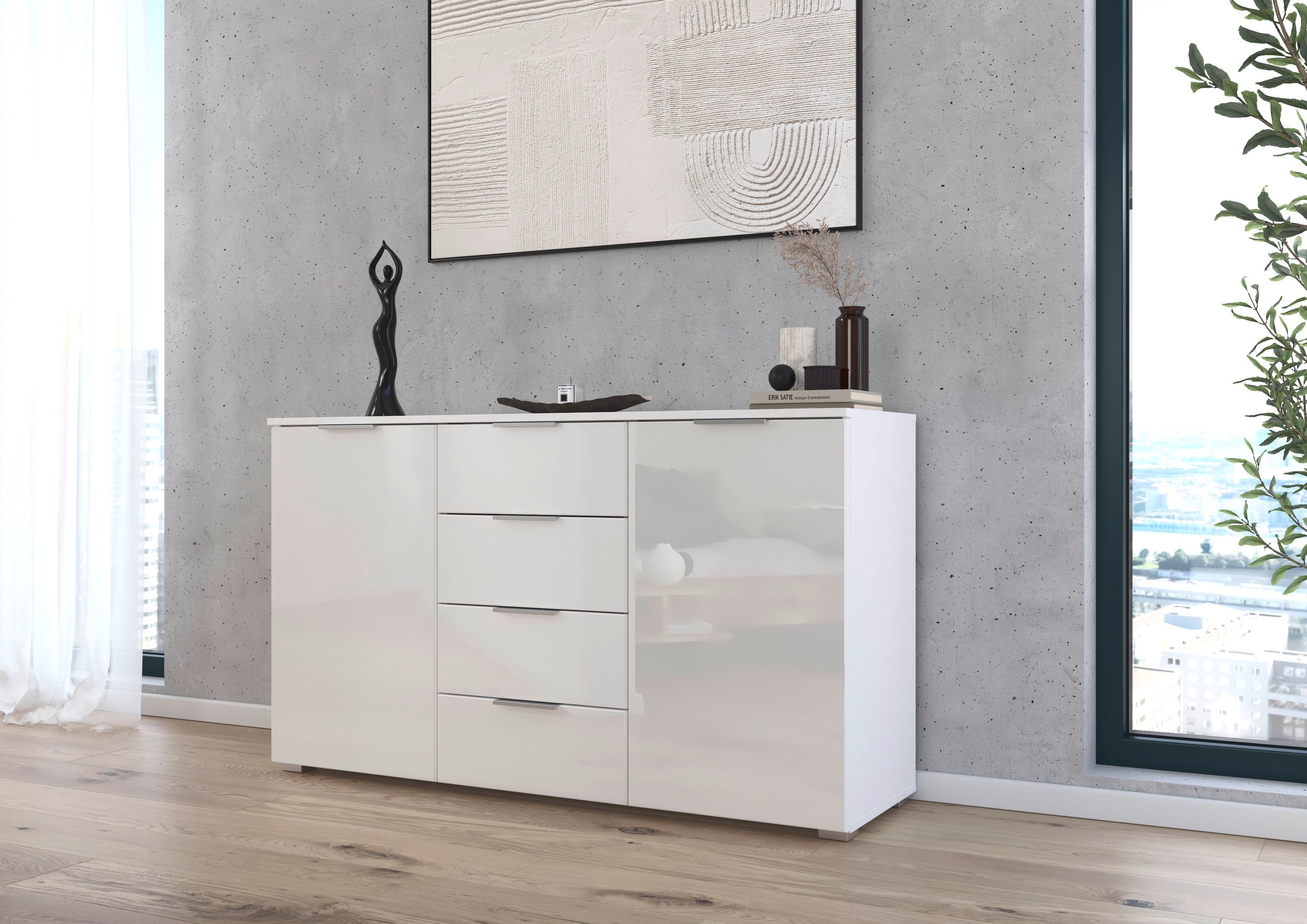 rauch Kombikommode »Sideboard Kombikommode Schubladenkommode AGORDO mit Glasfront«, (in zwei Griff-Farben, Breite 120 cm), vier große Schubladen, mit insgesamt 4 Einlegeböden MADE IN GERMANY