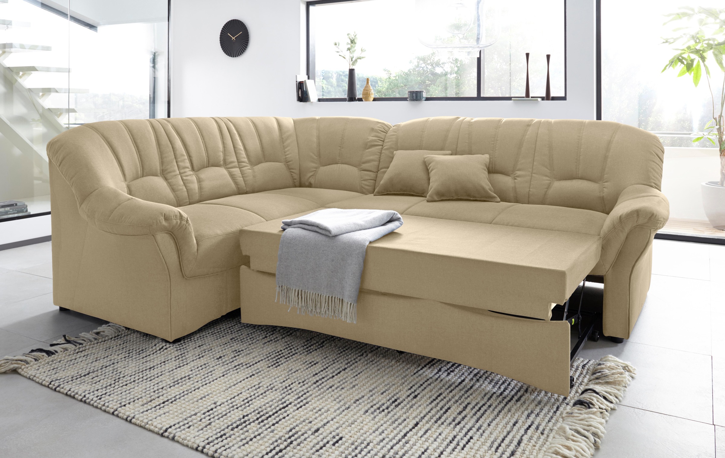 DOMO collection Ecksofa »Bahia, zeitlos und elegant, bequeme Armlehnen, L-Form«, wahlweise mit Bettfunktion