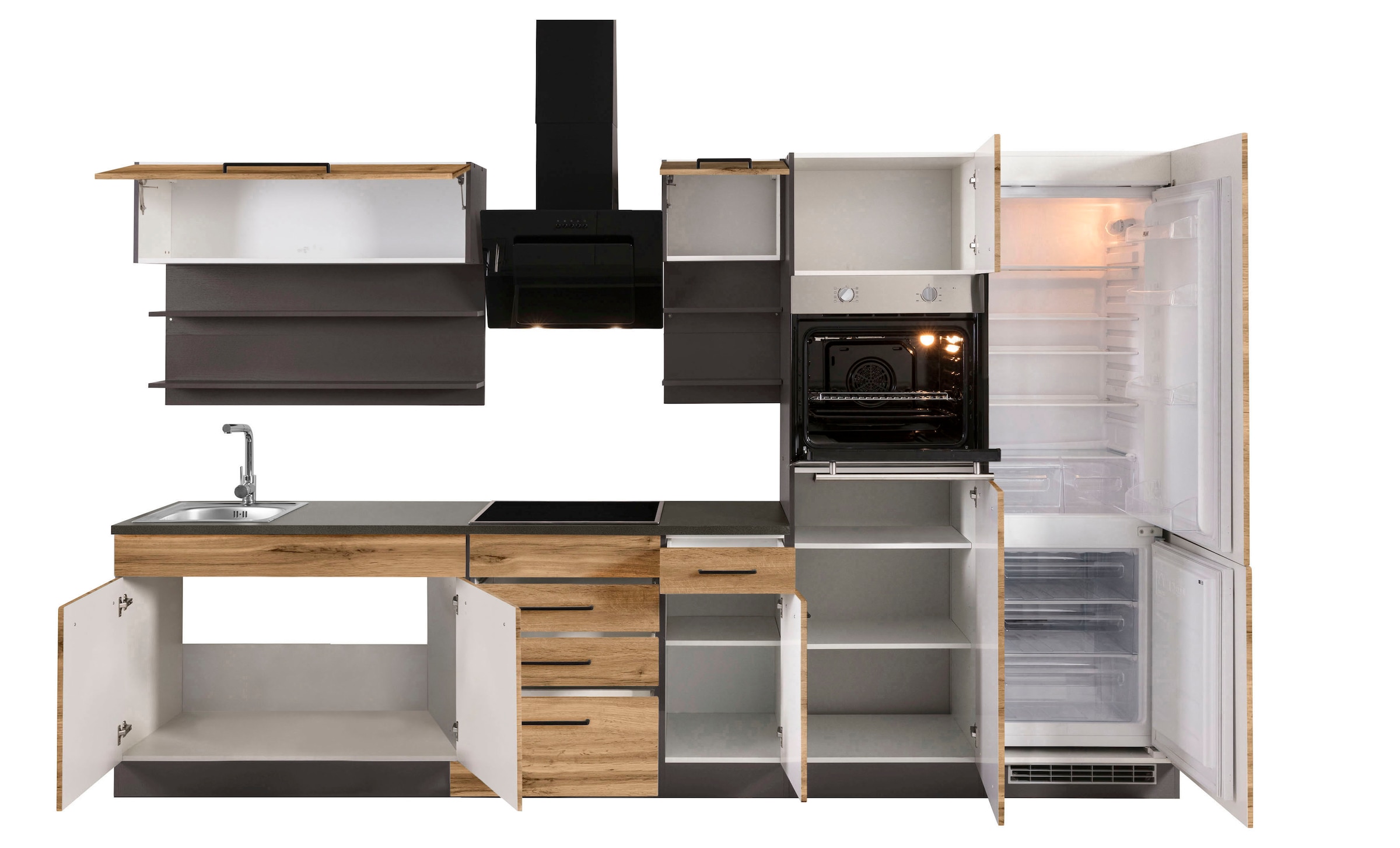 KOCHSTATION Küchenzeile »KS-Tulsa« mit E-Geräten, Breite 330 cm, schwarze Metallgriffe, MDF Fronten