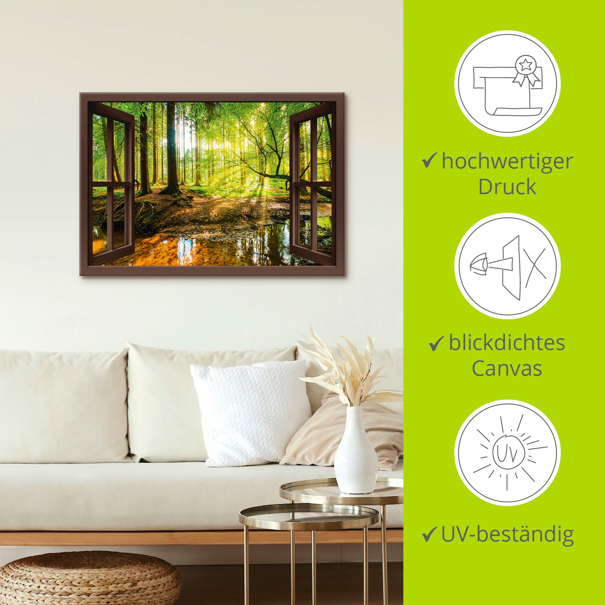 Artland Wandbild »Fensterblick - Wald mit Bach«, Wald, (1 St.), als Leinwandbild, Poster, Wandaufkleber in verschied. Größen