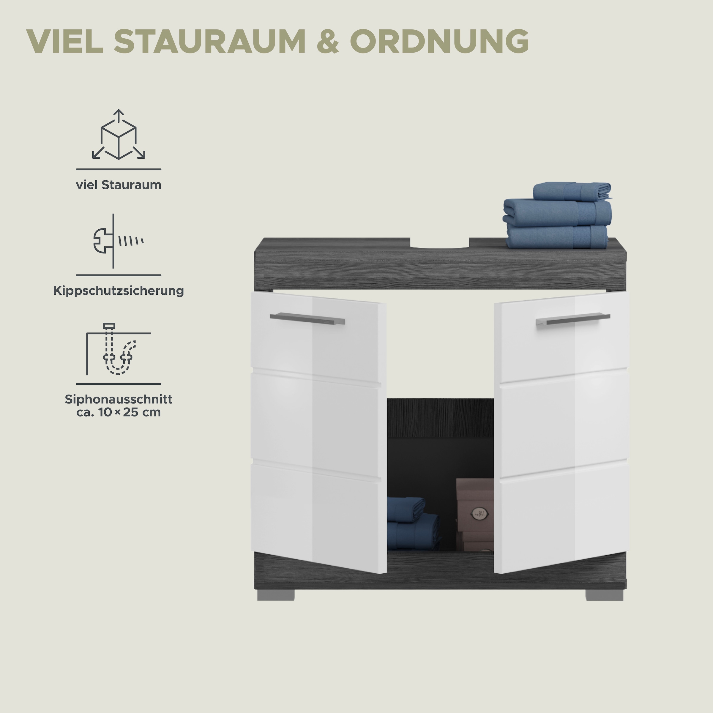 INOSIGN Waschbeckenunterschrank »Siena, Breite 60cm, 2 Tür, 2 Fächer, mit Siphonausschnitt, MDF-Front«, (1 St.), in verschiedenen Farben erhältlich, Badmöbel, Badschrank, Kommode, Bad