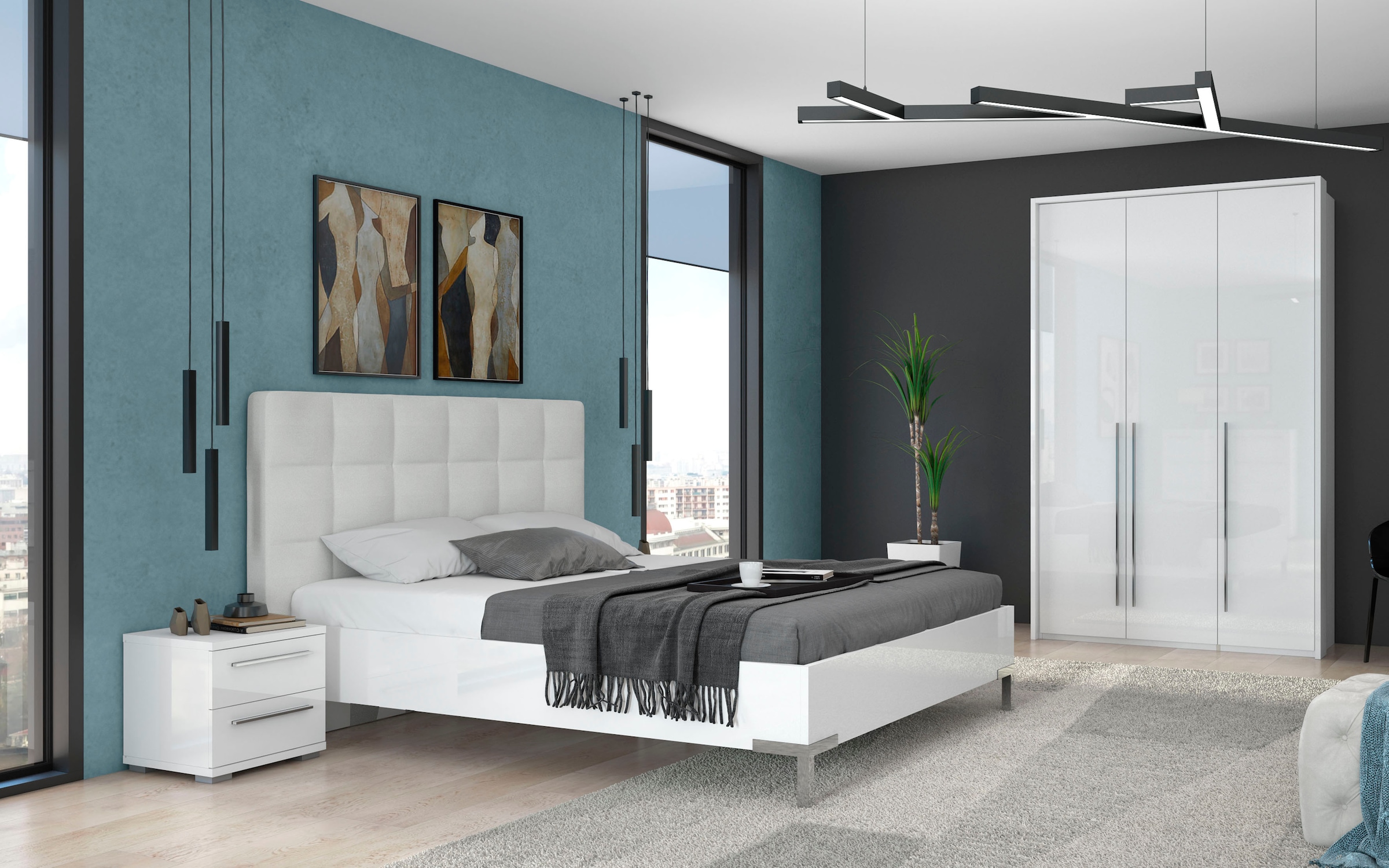 Places of Style Kleiderschrank »Piano, inklusive Rahmen und Beleuchtung, soft-close-Funktion«, (viele Breiten zur Auswahl, 226cm hoch), beige oder weiß, UV lackiert, Hochglanzfronten, FSC-zertifiziert