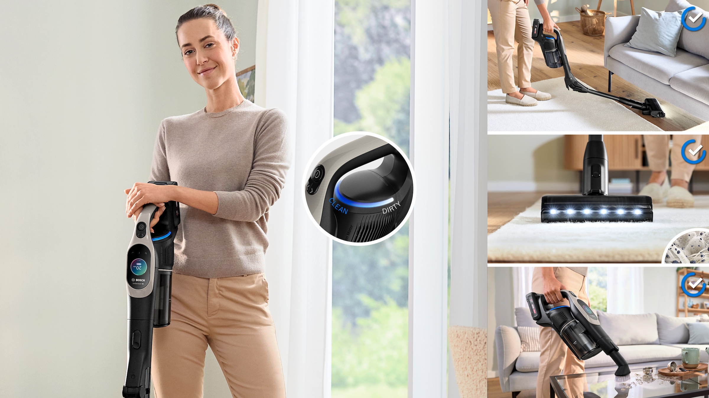 BOSCH Akku-Stielstaubsauger »Unlimited 10 BTS1042GQC, MicroClean™ Technology, 10 J. Motorgarantie«, Display, Knickrohr, HEPA-Filtersystem, Schnellladegerät, 2 Akkus, grau