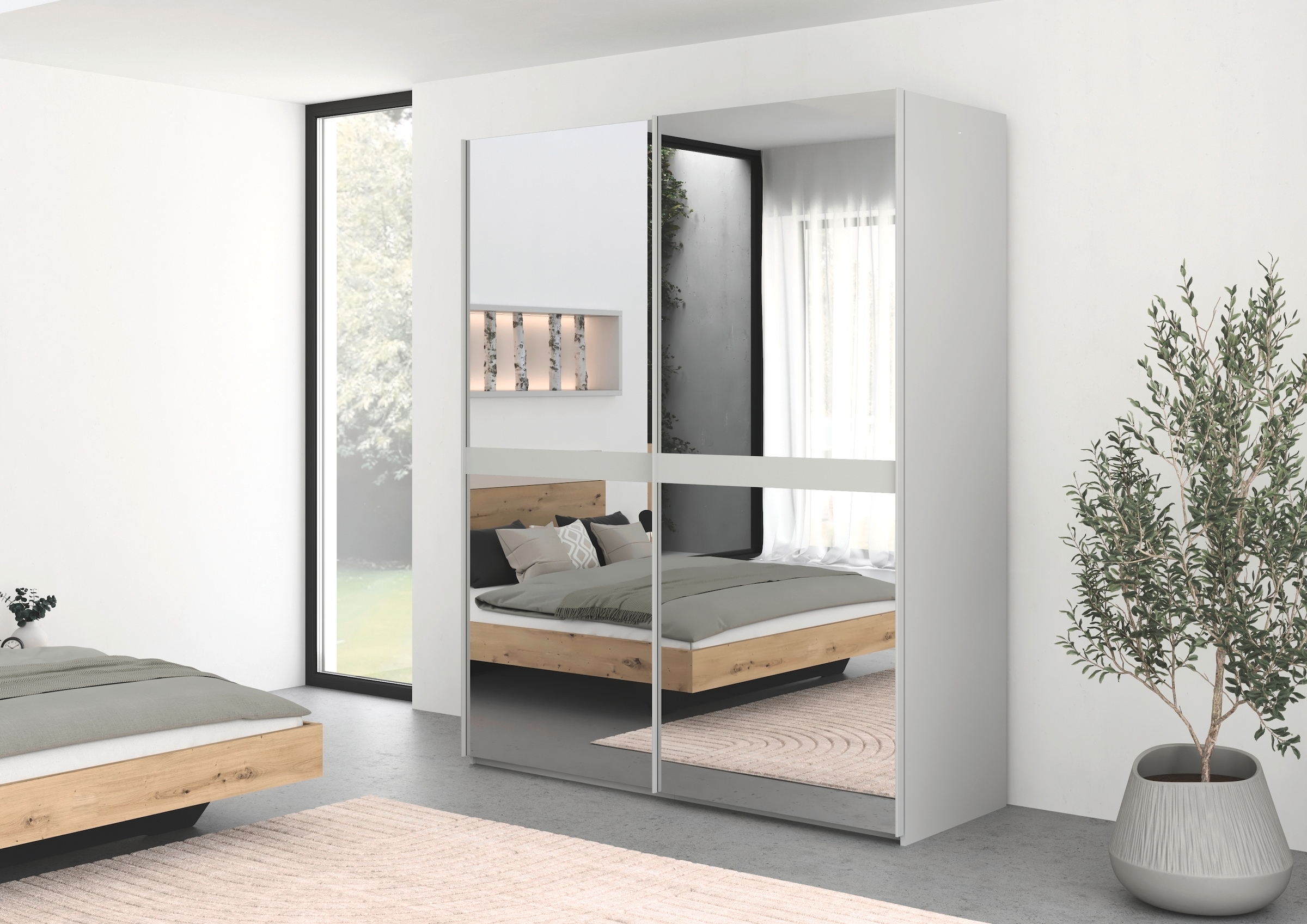 rauch Schwebetürenschrank »Kleiderschrank Schrank Garderobe Schlafzimmerschrank SCALE-LINE« edle Optik mit Bauchbinde in Korpusfarbe Spiegelfront MADE IN GERMANY