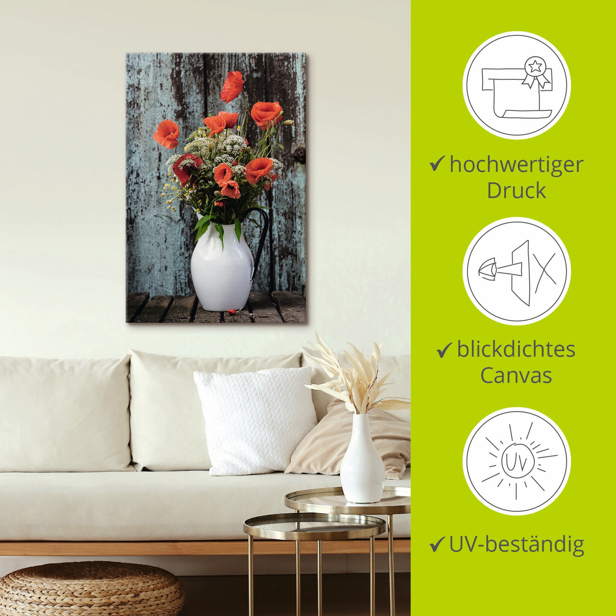 Artland Leinwandbild »Krug mit Mohnblumen« Blumen 1 Stk. tlg. auf Holzrahmen gespannt