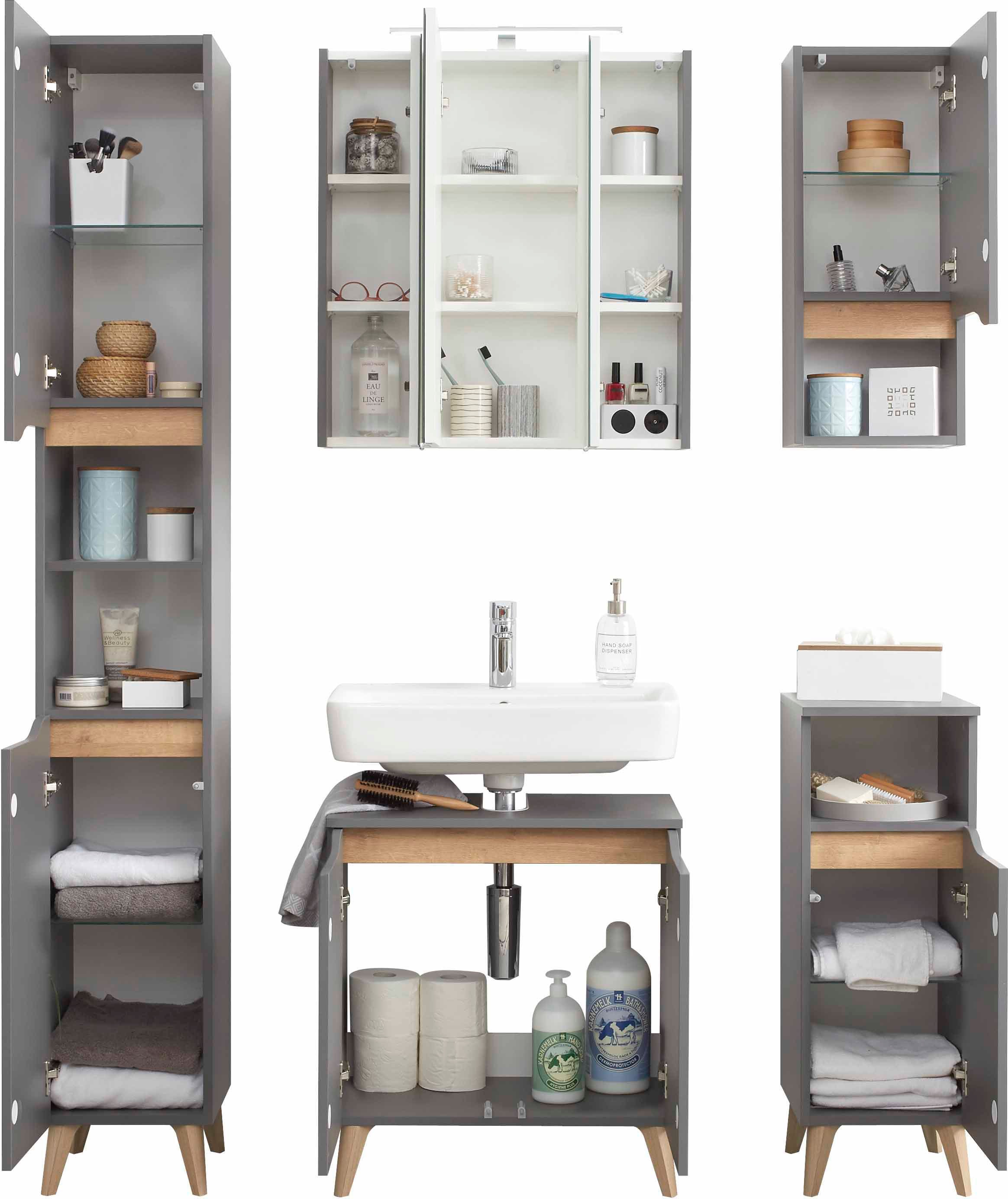 Saphir Badmöbel-Set »Quickset 5-teilig, Waschbeckenunterschrank mit LED-Spiegelschrank« 5 Stk. tlg.