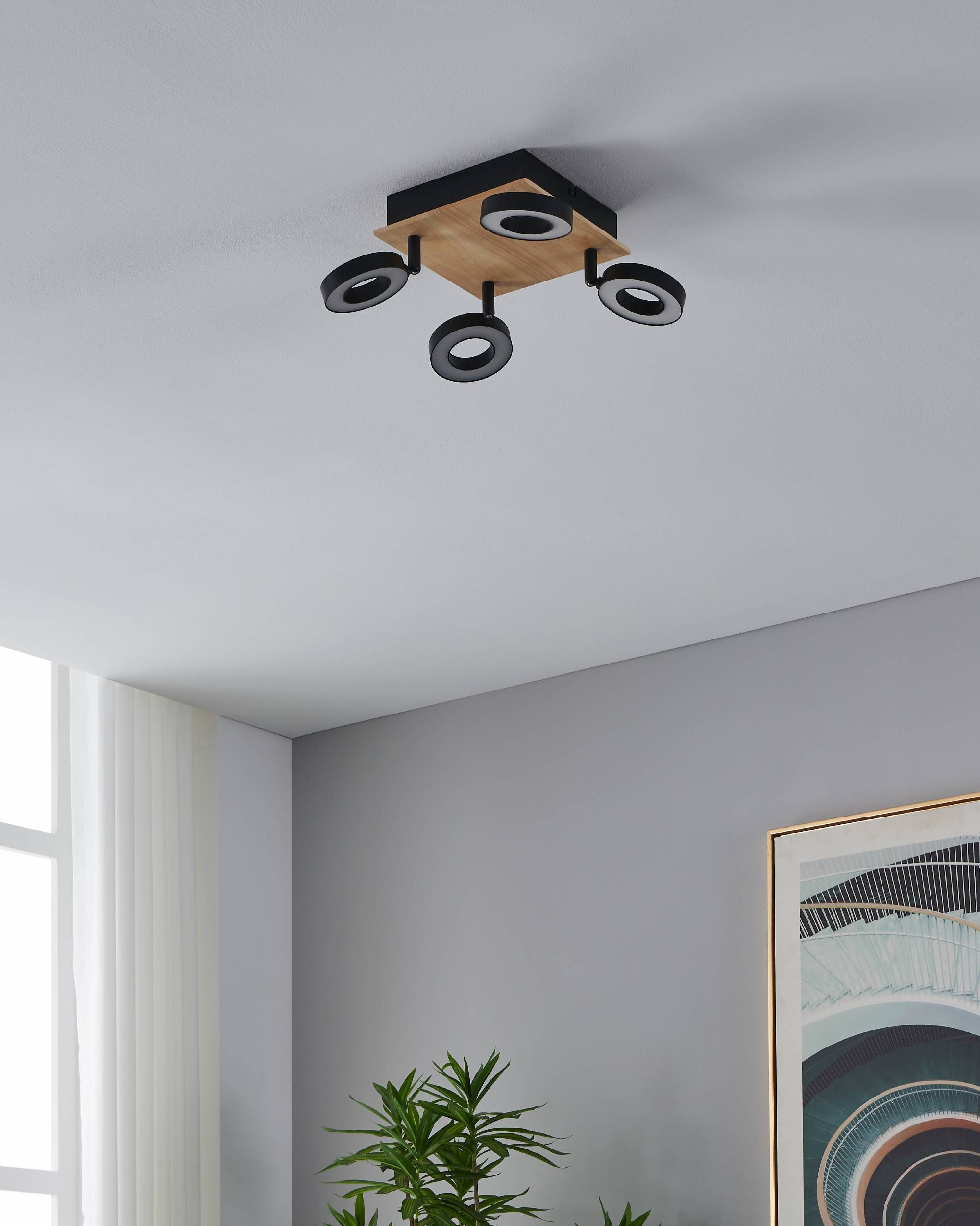 EGLO Deckenleuchte »Rielves Deckenlampe, Holz und Metall, Spotbalken schwenkbar, Lampe« LED-Modul 1 Stk. Warmweiß Spot - L17 x B17 x H17,5 cm - braun, schwarz - 4X4,2W inkl.