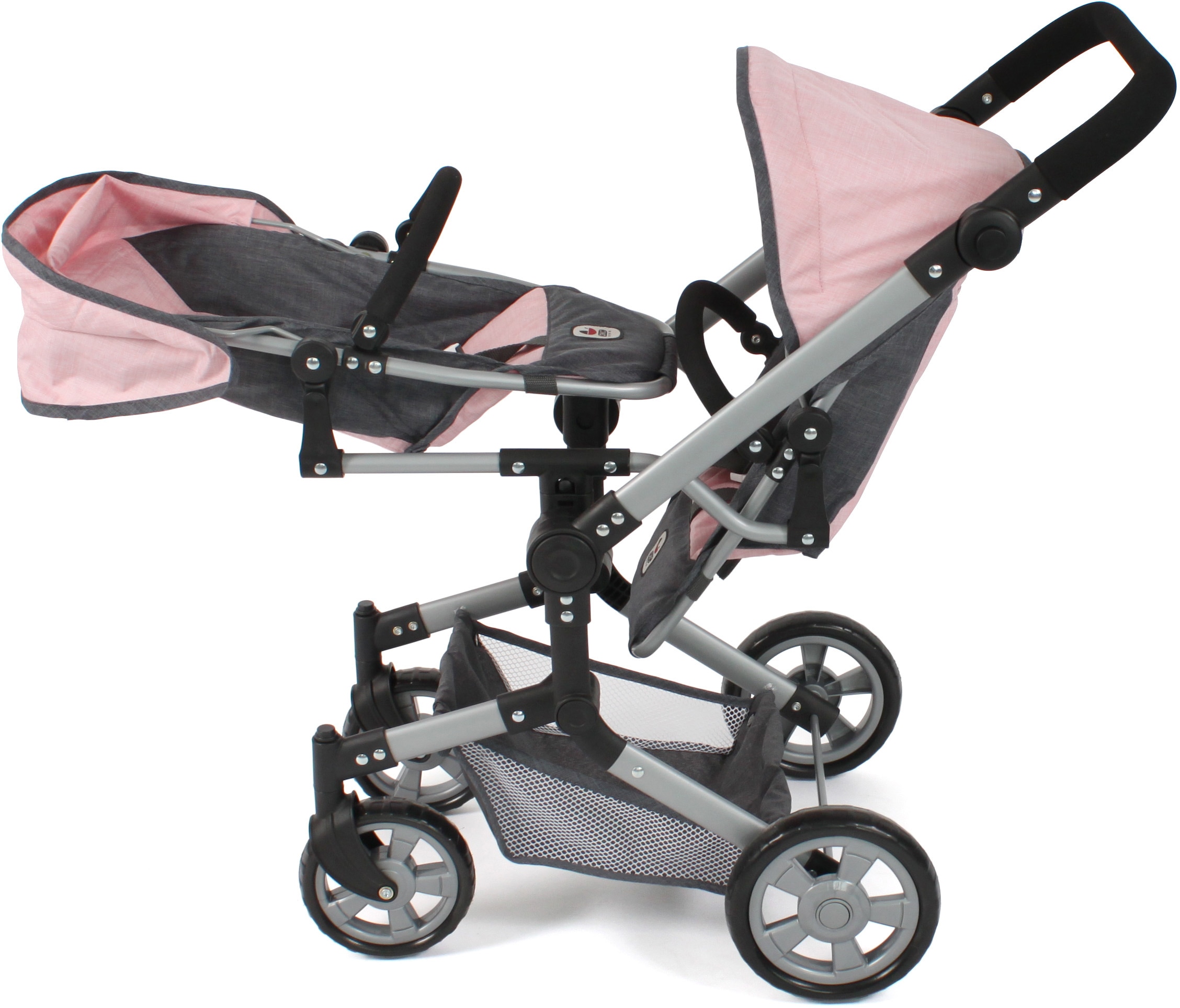 CHIC2000 Puppen-Zwillingsbuggy »Linus Duo, Grau-Rosa«, mit zwei abnehmbaren, bis in Liegeposition verstellbaren Sportsitzen