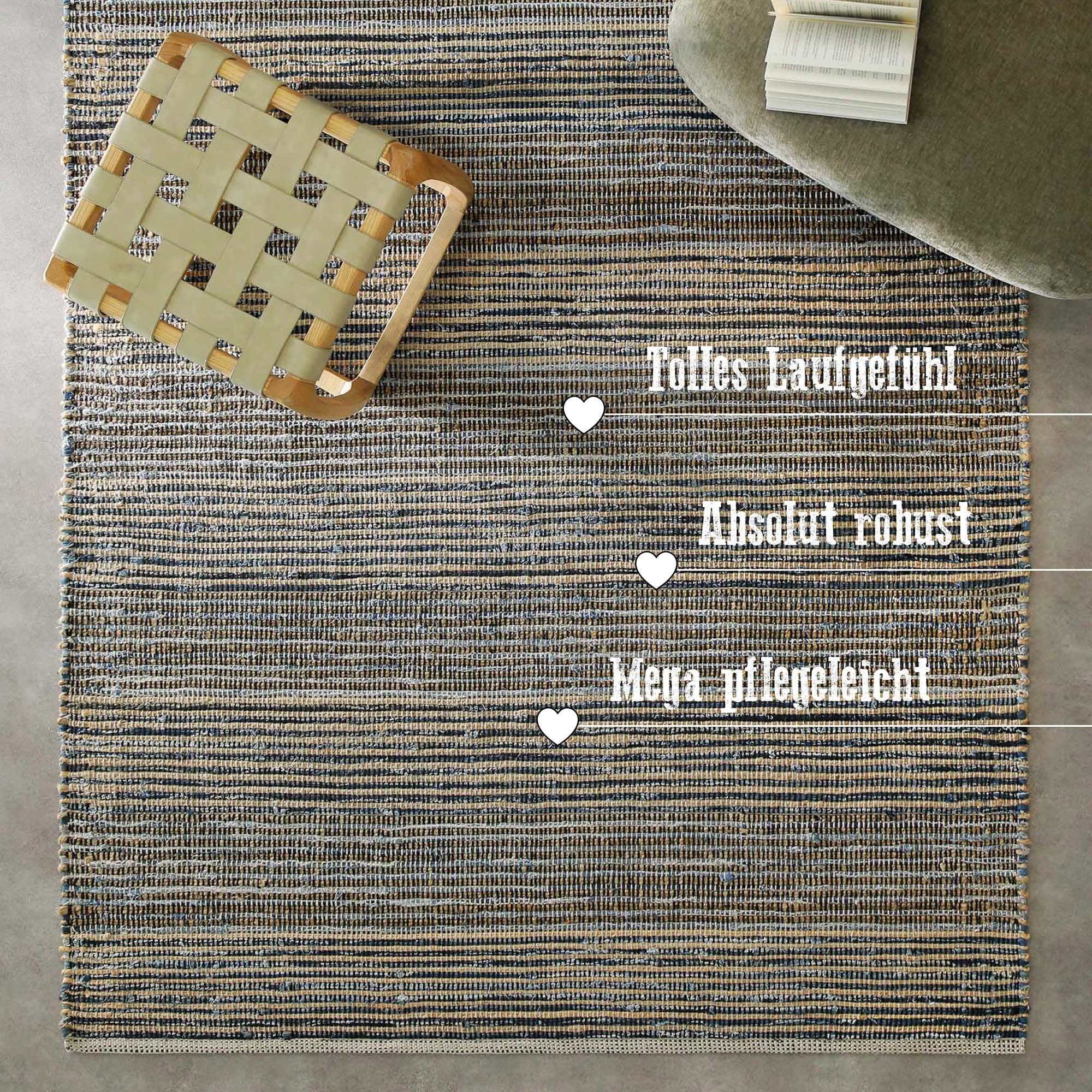 Wecon home Teppich »Denim Feels«, rechteckig, 6 mm Höhe, handgewebt, robust, pflegeleicht, skandi, Natur, Jute, Wohnzimmer