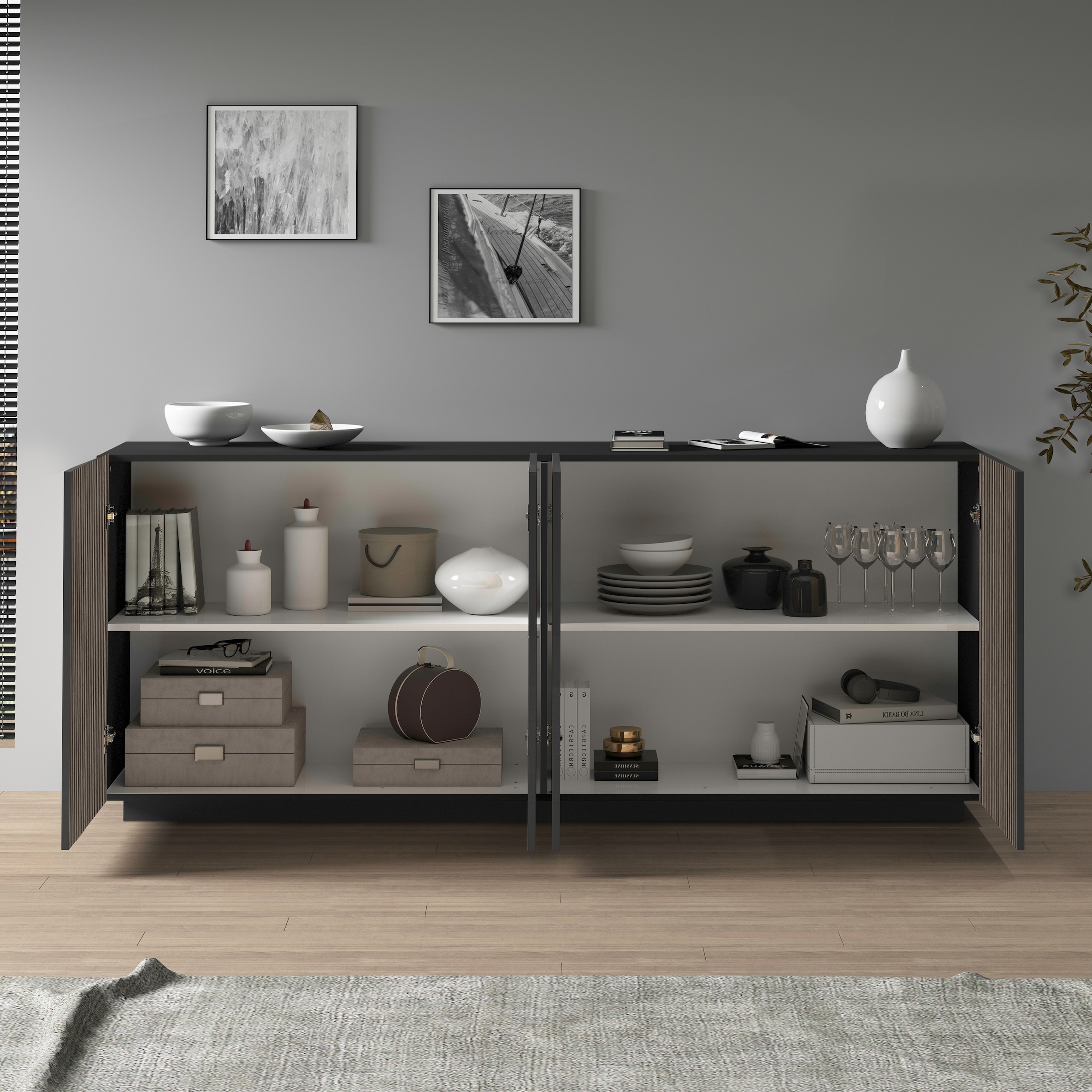 INOSIGN Sideboard »Vega Sideboard,Kommode,200 cm«, mit 4 Türen,Fronten mit Rillen-Optik