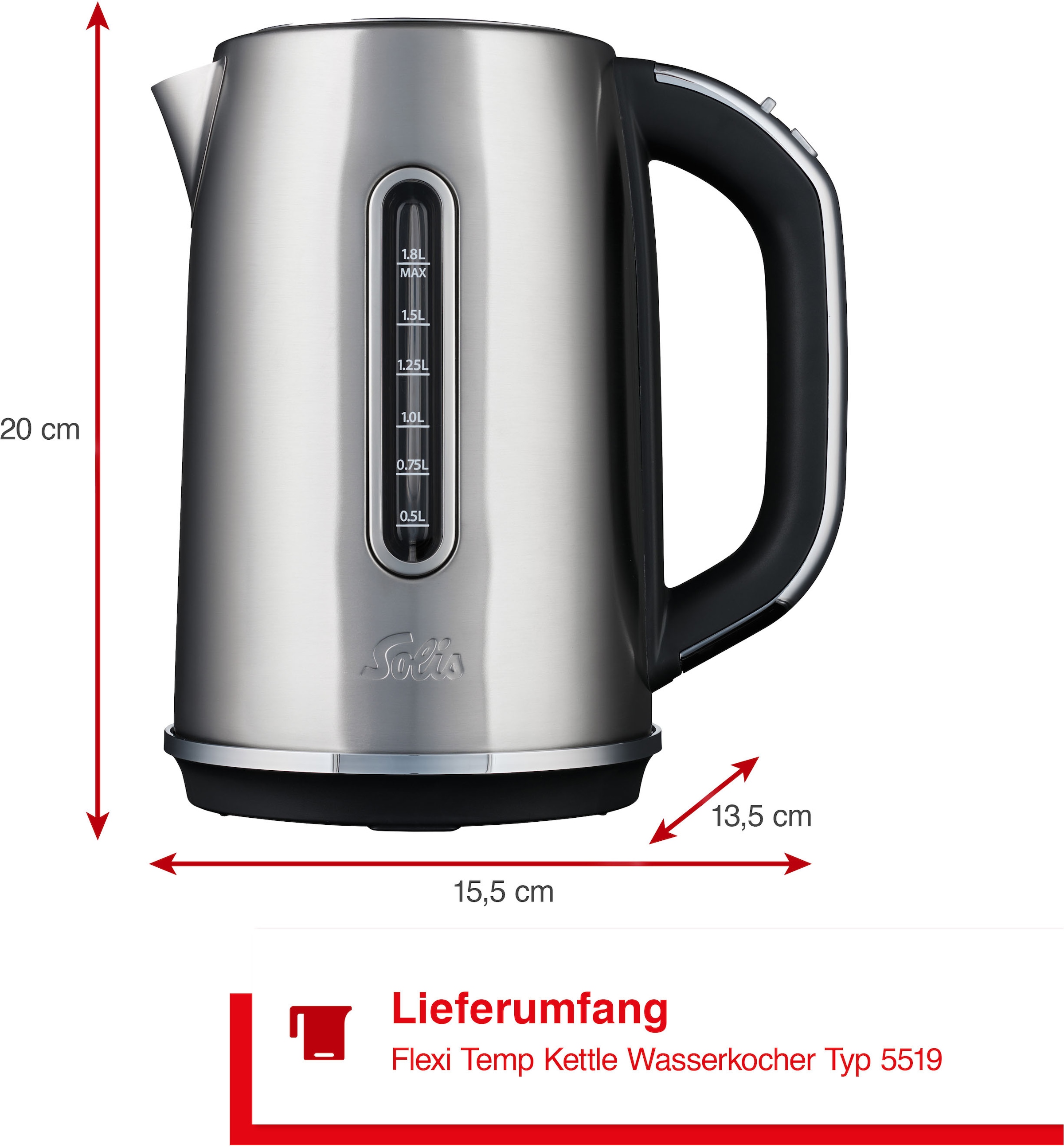 SOLIS OF SWITZERLAND Wasserkocher »Flexi Temp Kettle(Typ 5519)«, 1,8 l, 2200 W, Digitaler Wasserkocher, Edelstahl