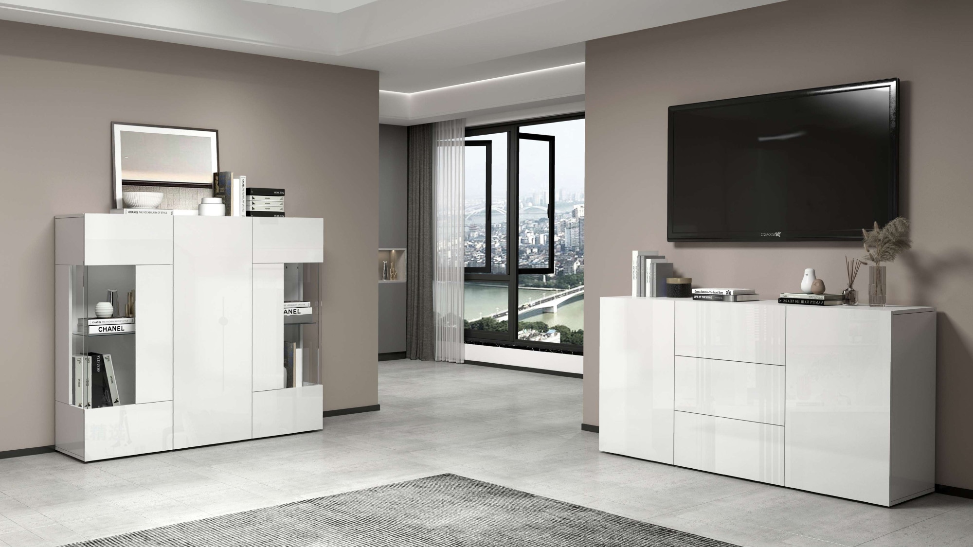 INOSIGN Highboard »Egypt, Highboard, Hochschrank, Hochkommode, Vitrine«, mit 3 Türen davon 2 mit Glaseinsatz,kompl. Hochglanz lack.,Breite 135