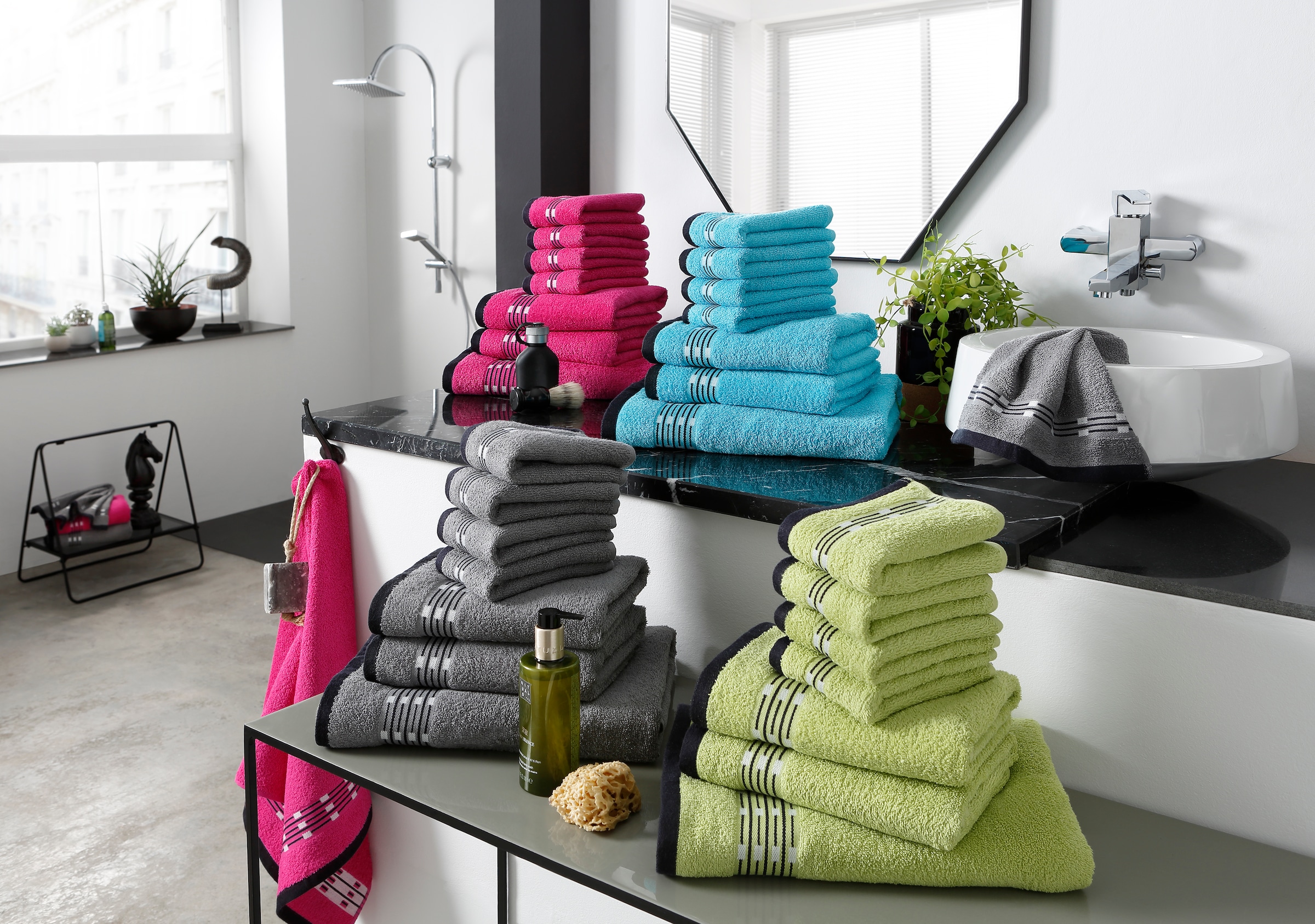 my home Handtuch Set »Jonnie«, tlg., Handtücher Handtuchset online Bordüre Baumwolle, Walkfrottee, mit 7 aus bestellen Set, 100% gemusterter