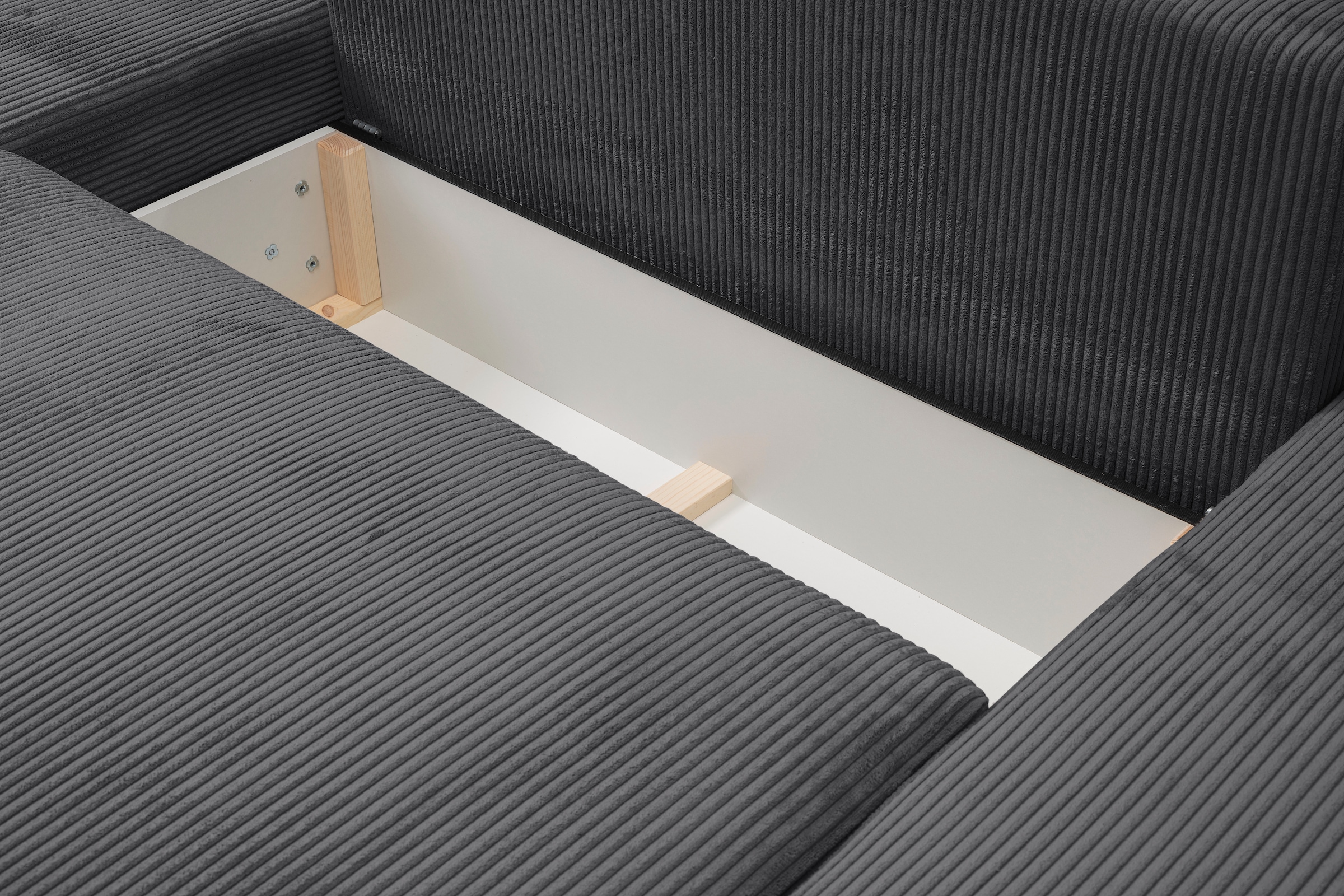 WERK2 Wohnlandschaft »Rotterdam-U, U-Form, in kuschelweichem Cord oder Breitcord«, Design Sofa mit Schlaffunktion & Bettkasten, Cord, Anthrazit