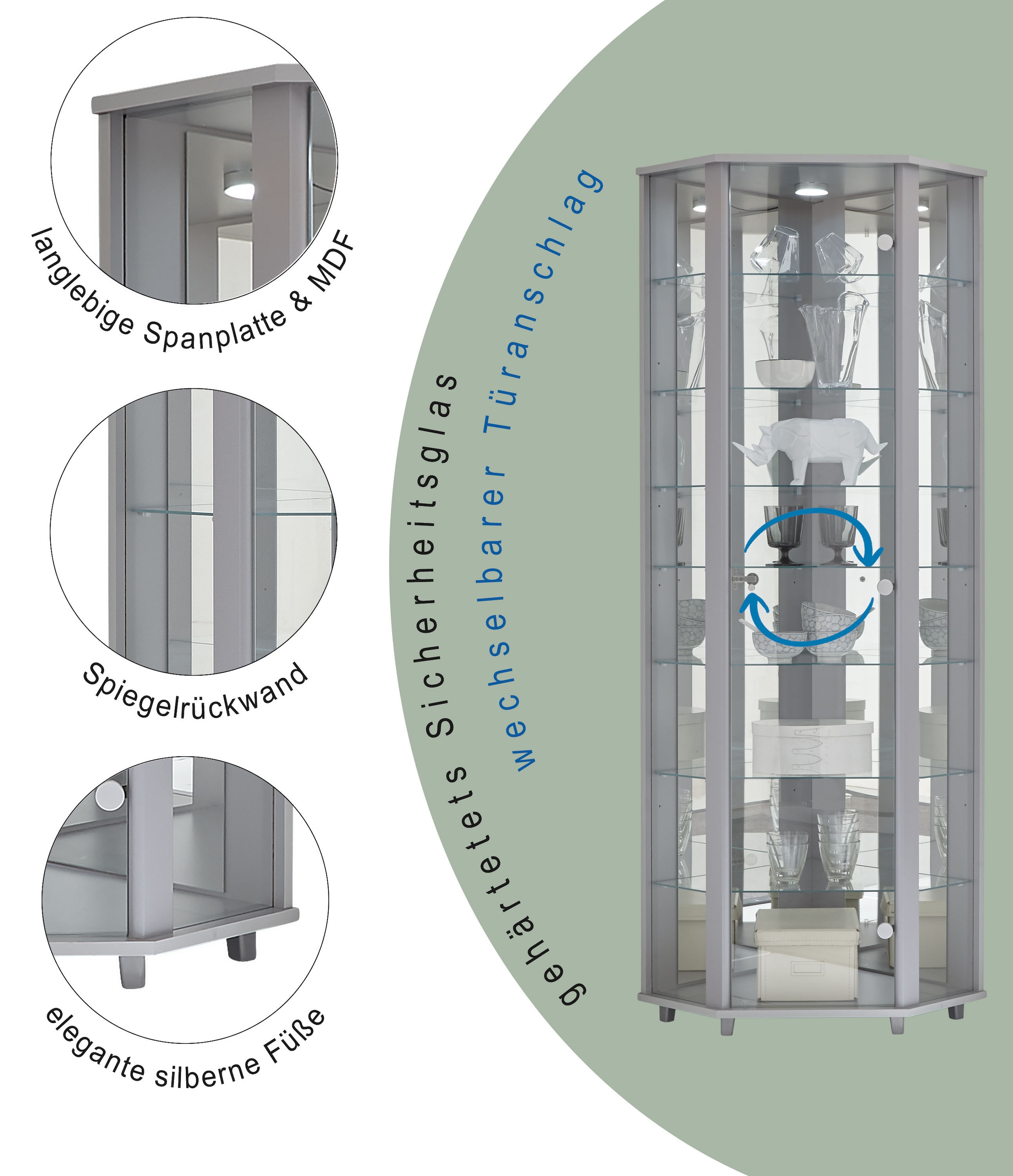 fif möbel Eckvitrine »TRIO Höhe ca. 172 cm, ink. Beleuchtung« Eckvitrine/Glasvitrine 1x Glastür, perfekt für Sammler, Sammlervitrine