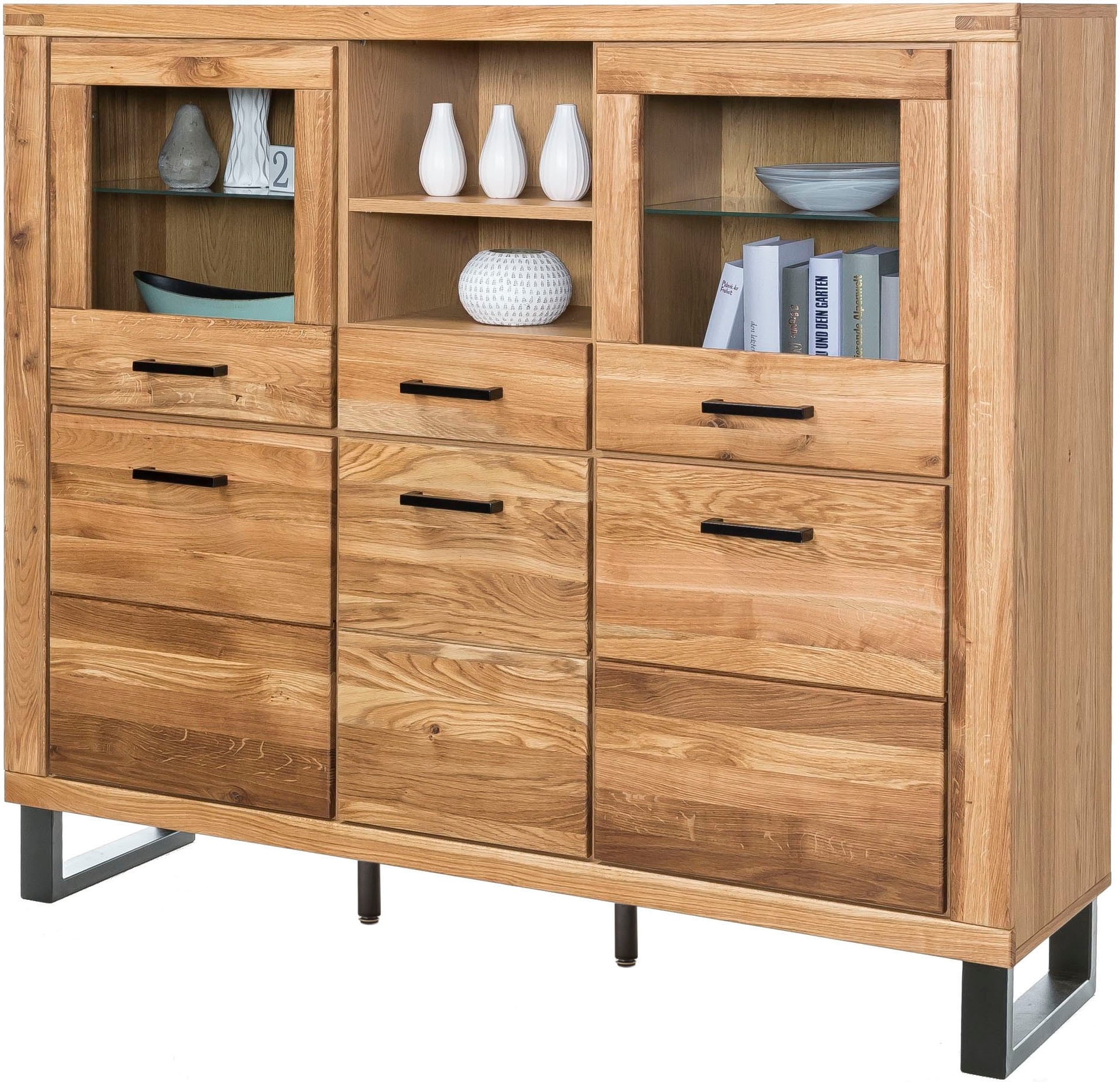 Highboard 1 Stk. tlg. Industriestil, Teilmassiv Eiche, schwarze Elemente, Modern, braun B/H/T: 158,5 cm x 140 cm x 40 cm
