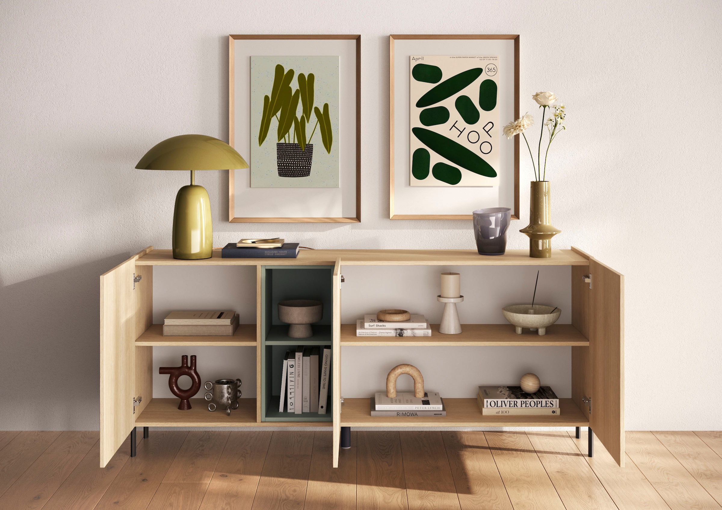 OTTO home Sideboard »Badia, 182 cm breit, 3 Türen, Anrichte, Kommode, Stauraumschrank« Innenliegendes Top, gerade Metallfüße, salbeigrüne Farbakzente