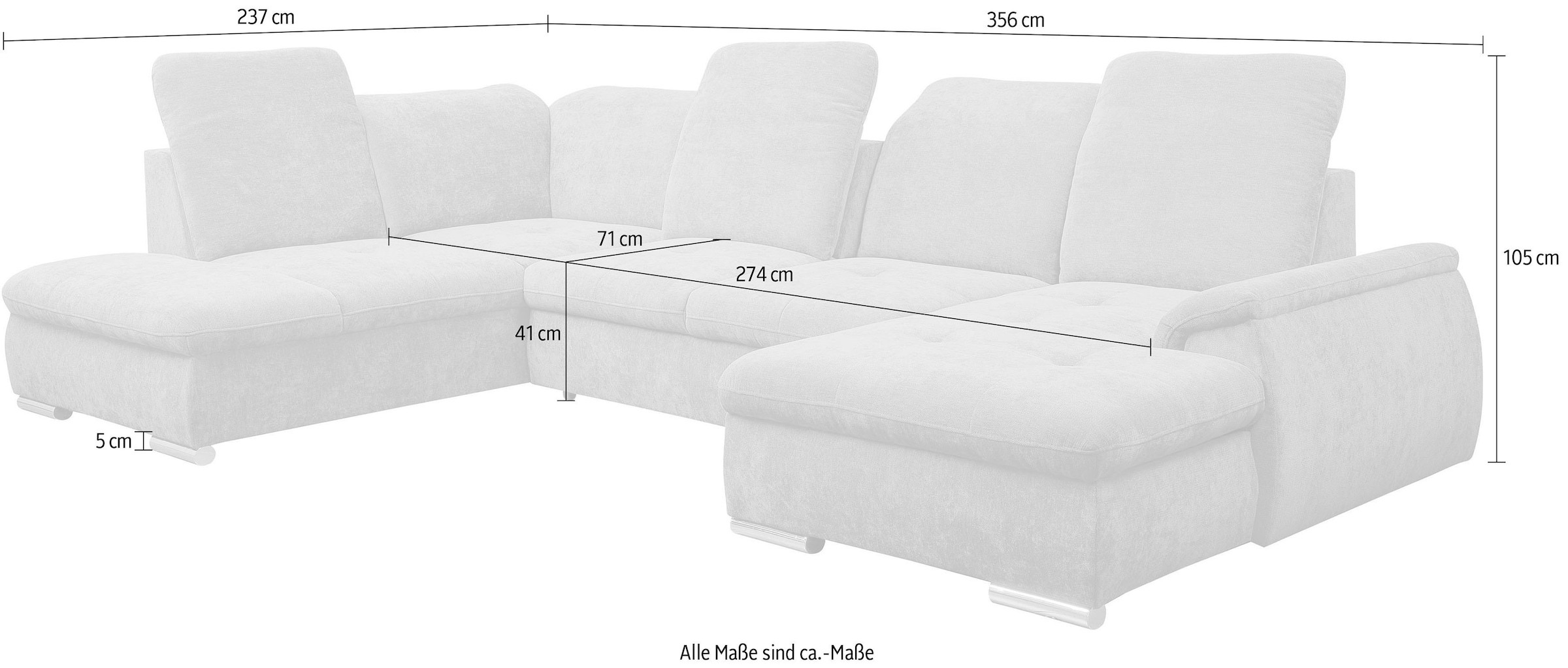 WERK2 Wohnlandschaft »Pula mit Bett & Bettkasten, Kopfteil- & Sitztiefenverstellung, bequem« U-Form, XXL, Schlaffunktion, Bettkasten, verstellbare Kopfteile