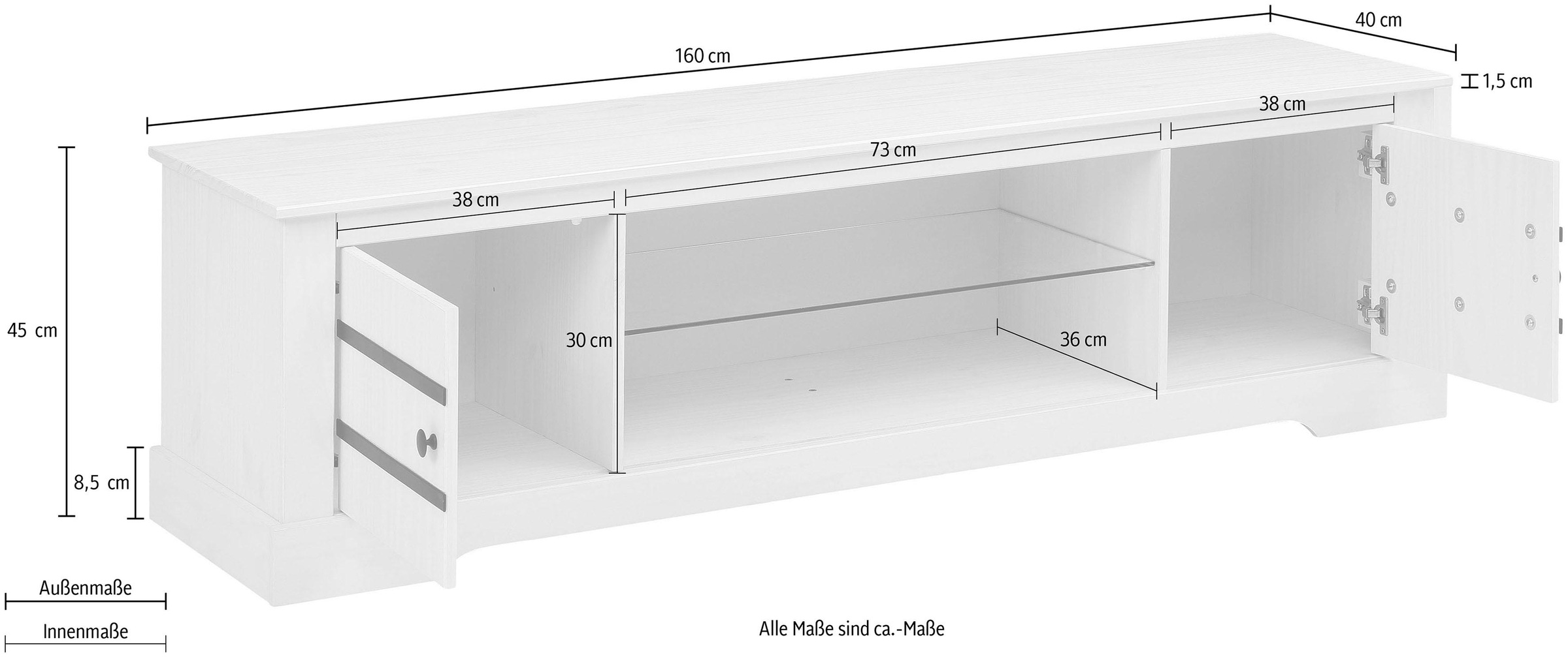 Home affaire Lowboard, Kommode aus massivem Kiefernholz, mit Glasboden, Breite 160 cm
