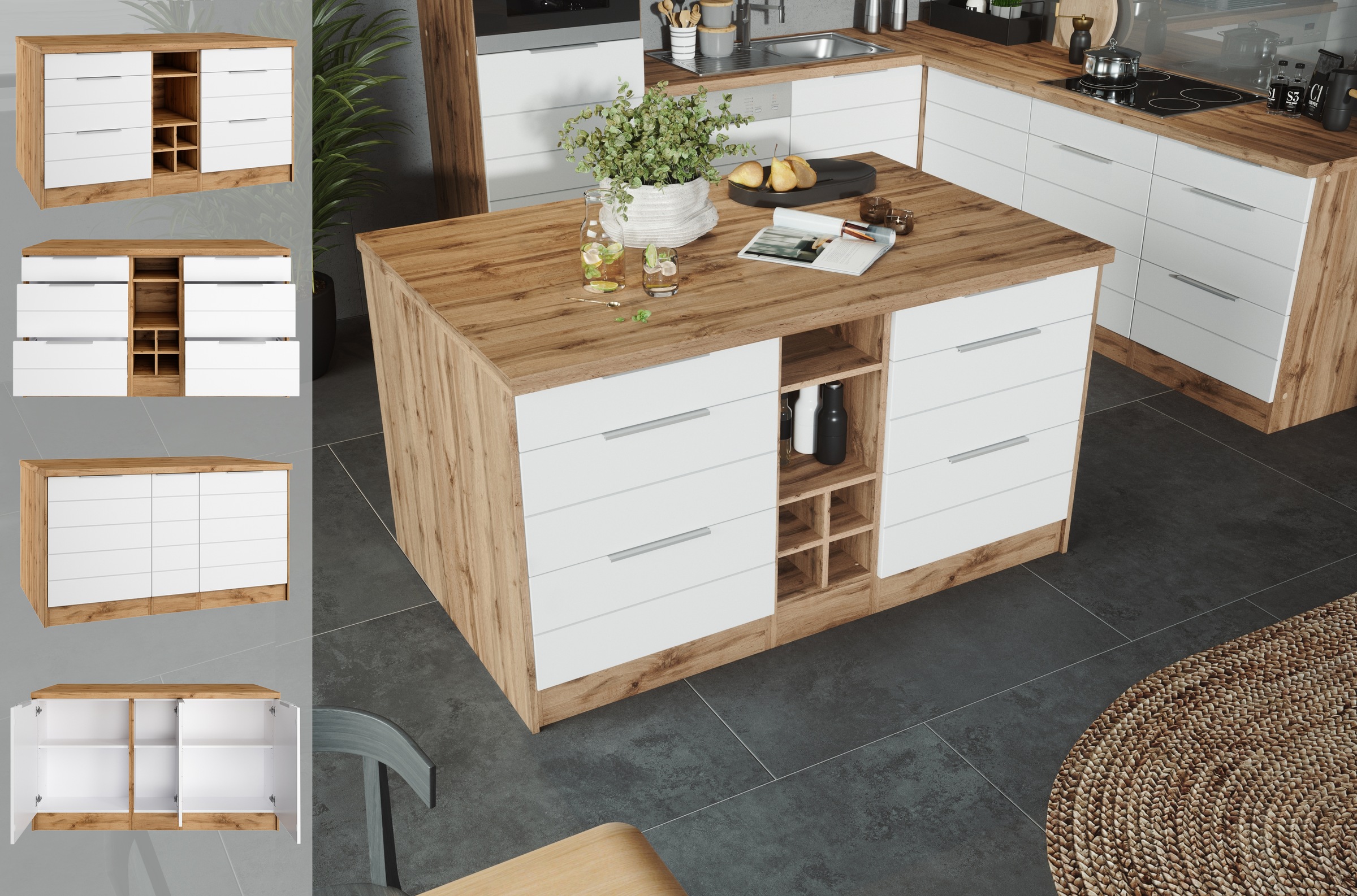 KOCHSTATION Kücheninsel »KS-Luhe, Breite 153 cm, mit Flaschenregal«, MDF-Fronten, Arbeitsplatte 38mm stark