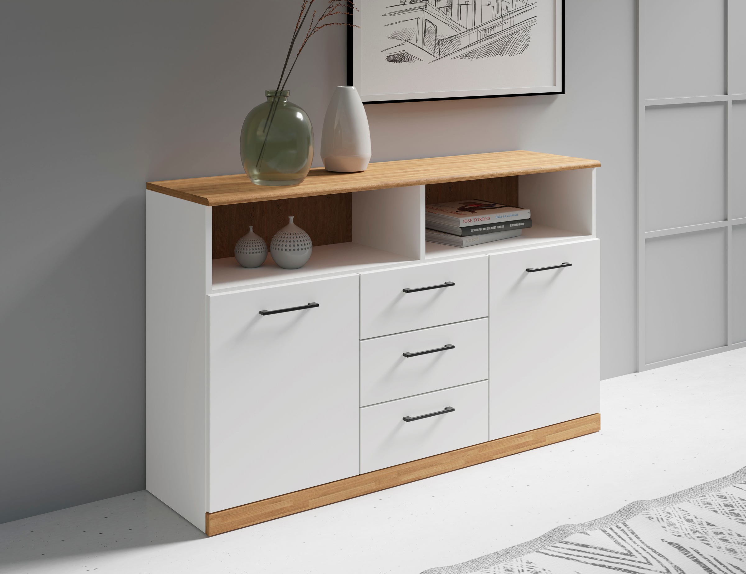 Home affaire Sideboard »Ribe,130cm breit,80cm hoch,Oberplatte Holz massiv,6 Fächer«, Oberplatte Eiche massiv,schwarze Metall Griffe